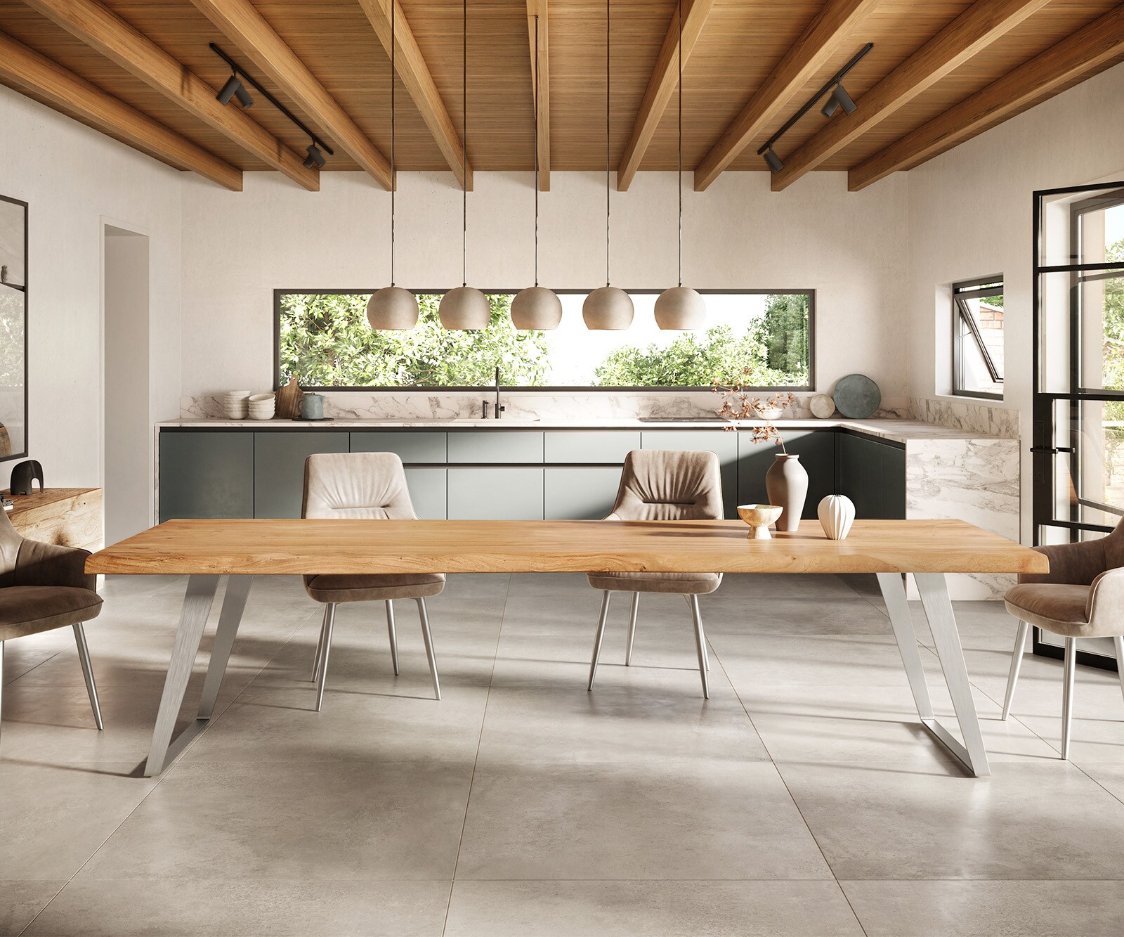 Eettafel Edge 300x100cm XL acacia natuur roestvrijstaal zilver schuin Live-Edge 1