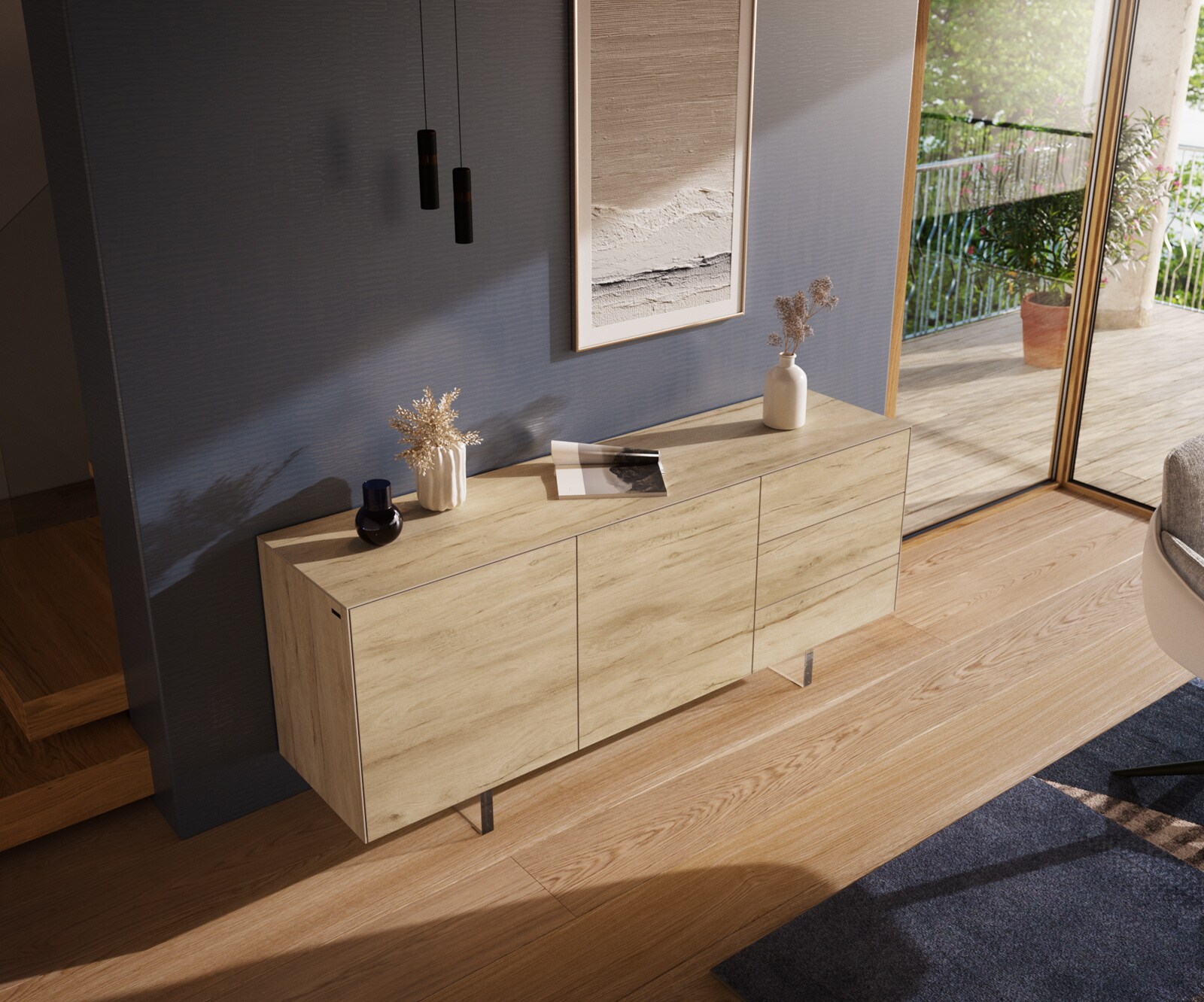 Dressoir Cuor 180 cm Keramiek Laminam® Sabbia Eiken gekleurd 2 Deuren 3 Laden Zwevende voet look Acrylglas 3