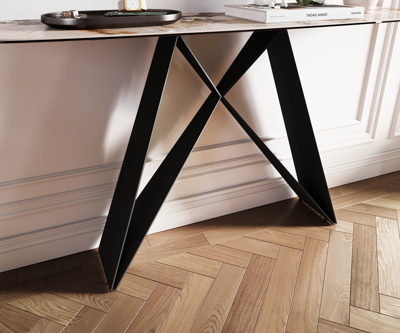 Consoletafel Edge Bootvorm 140x40 cm Keramiek Patagonia Poliert Velio Metaal Zwart 6