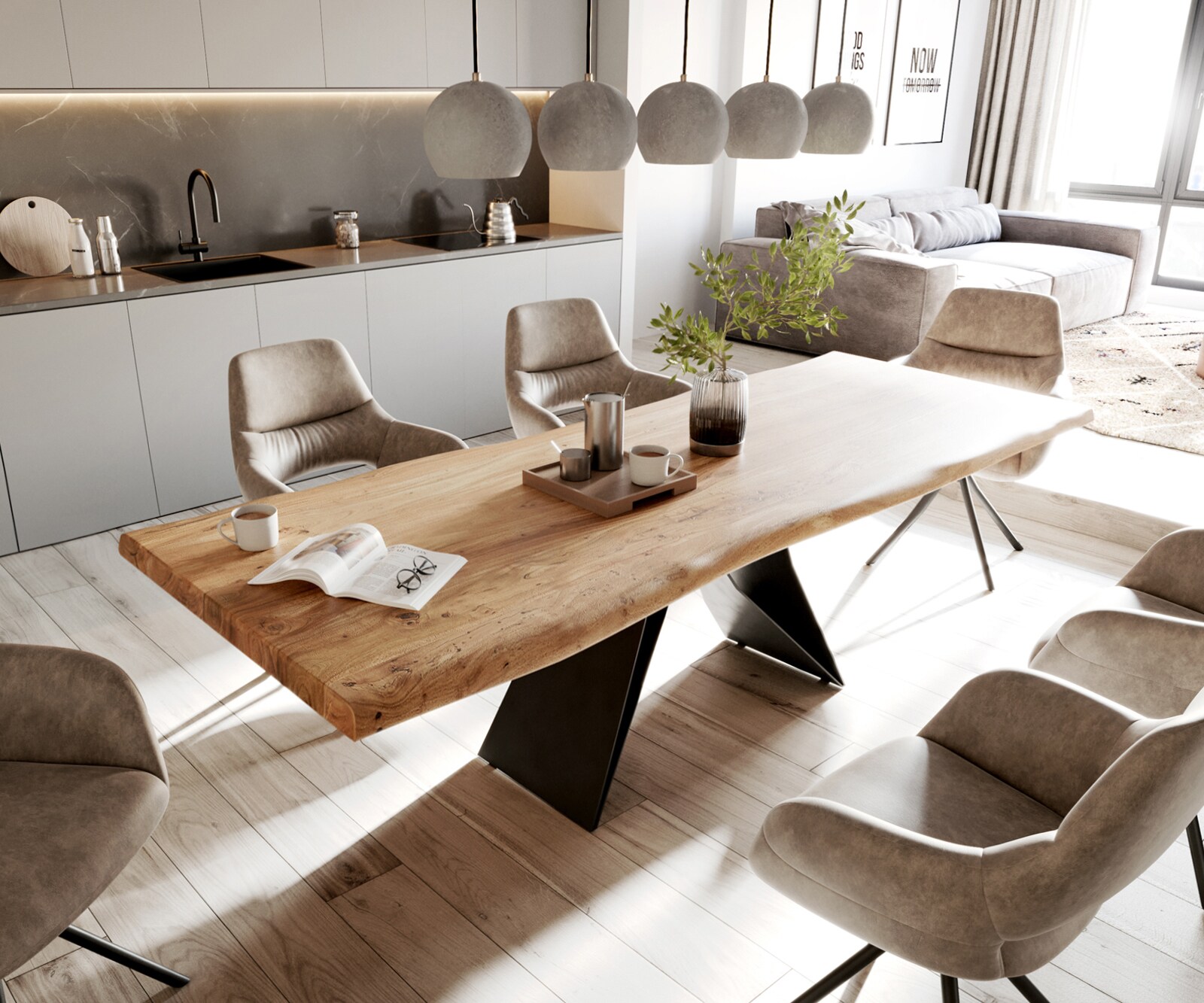 Eettafel Edge 260x100 XL acacia natuur V-frame staal  zwart  Live-Edge