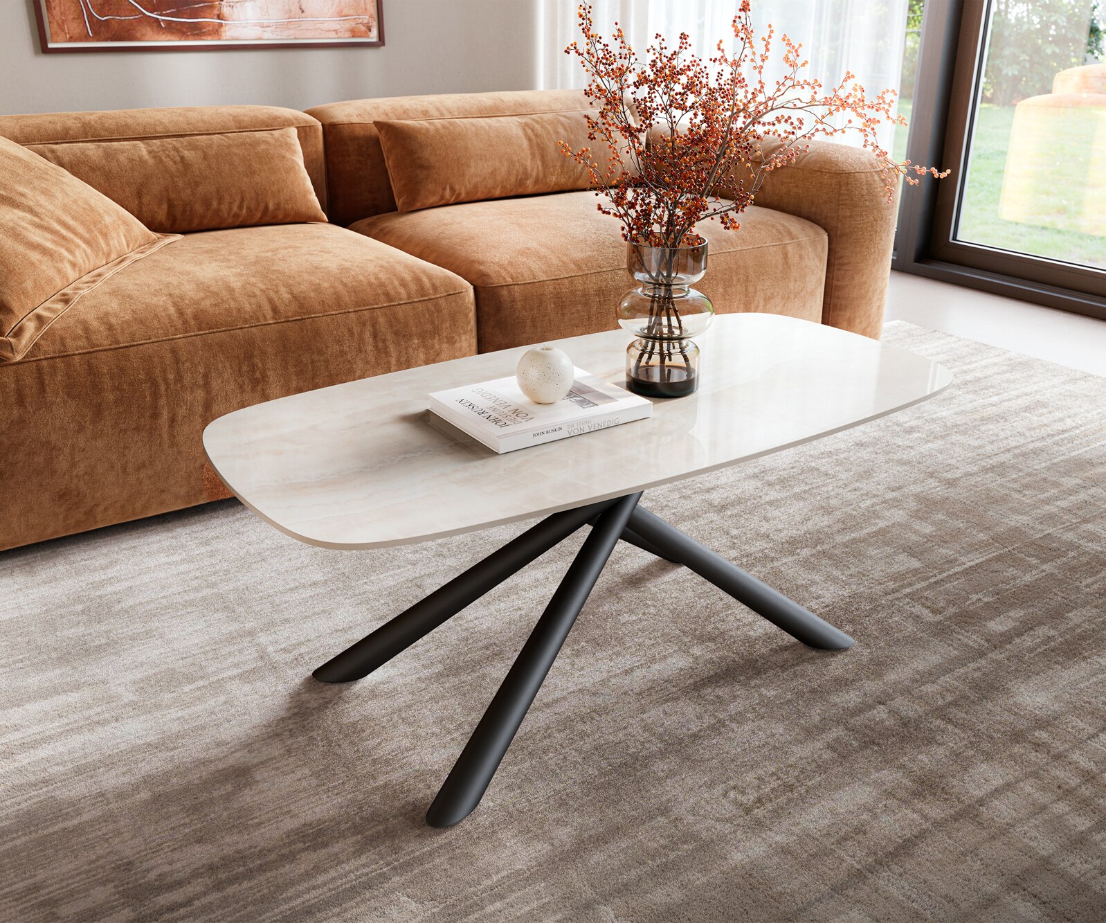 Salontafel Edge bootvormig 100x50 cm keramiek Onyx Champagne Sarity metaal zwart