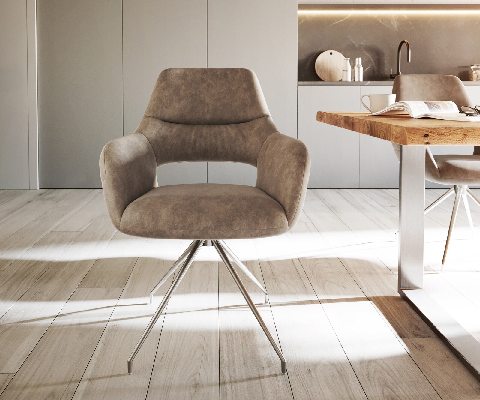 Eetkamerstoel Yago-Flex met armleuning microvelours taupe vintage kruisframe conisch roestvrij staal pocketveer kern 1 Eetkamerstoel Yago-Flex met armleuning microvelours taupe vintage kruisframe conisch roestvrij staal pocketveer kern 1