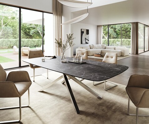 Eettafel Edge Boot 260x120 cm Keramiek Laminam® Nero Greco Anthrazit kruisonderstel Rechthoek Roestvrij staal