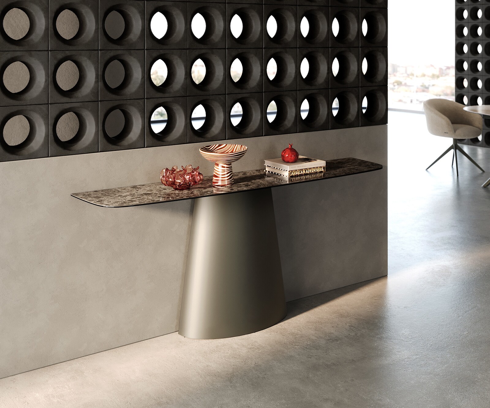 Consoletafel Edge Bootvorm 180x40 cm Keramiek Emperador Extra Lucidato Dunkelbraun Conos Metaal Effektfinish Titan 1