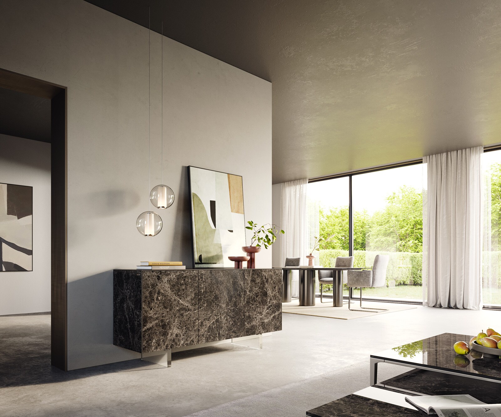 Dressoir Cuor 150 cm Keramiek Emperador Extra Lucidato Donkerbruin 3 Deuren Zwevende voet look Acrylglas 7