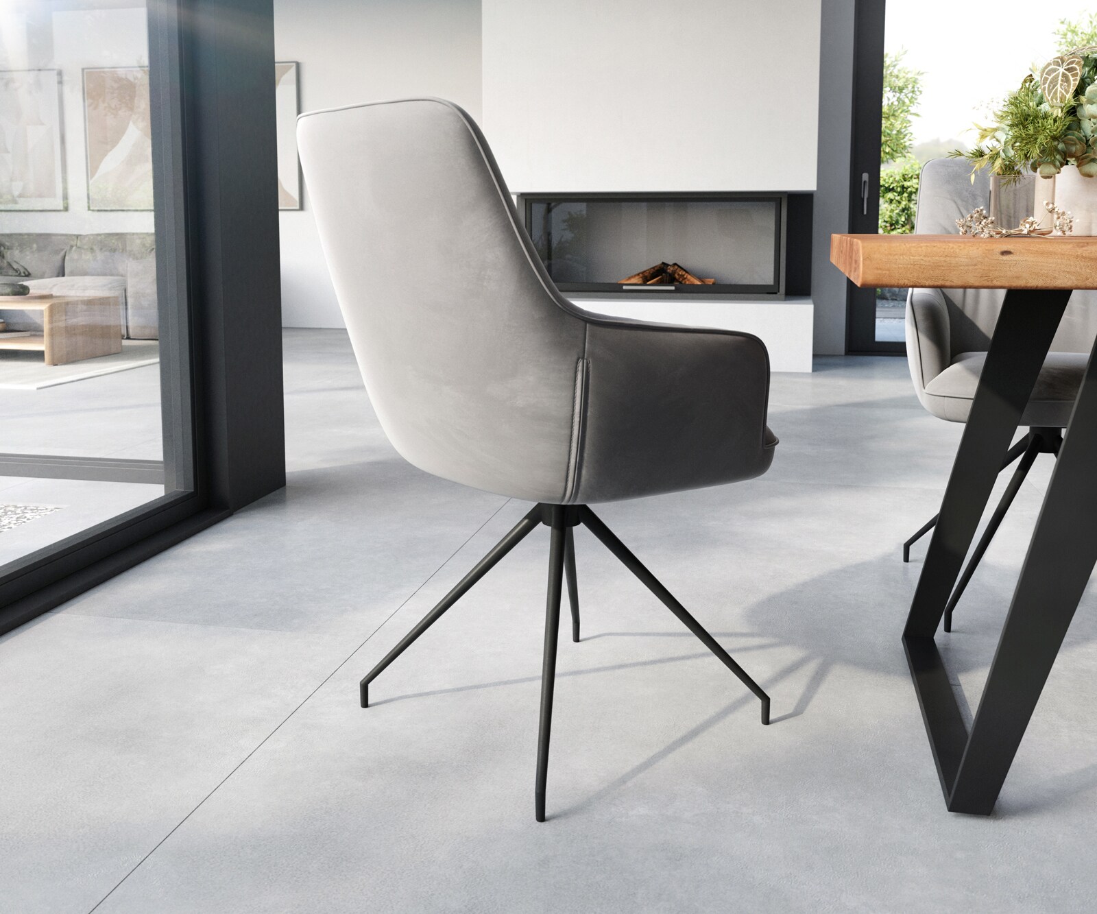 Eetkamerstoel Zelia-Flex met armleuning fluweel grijs kruisframe conisch zwart pocketveer kern 5