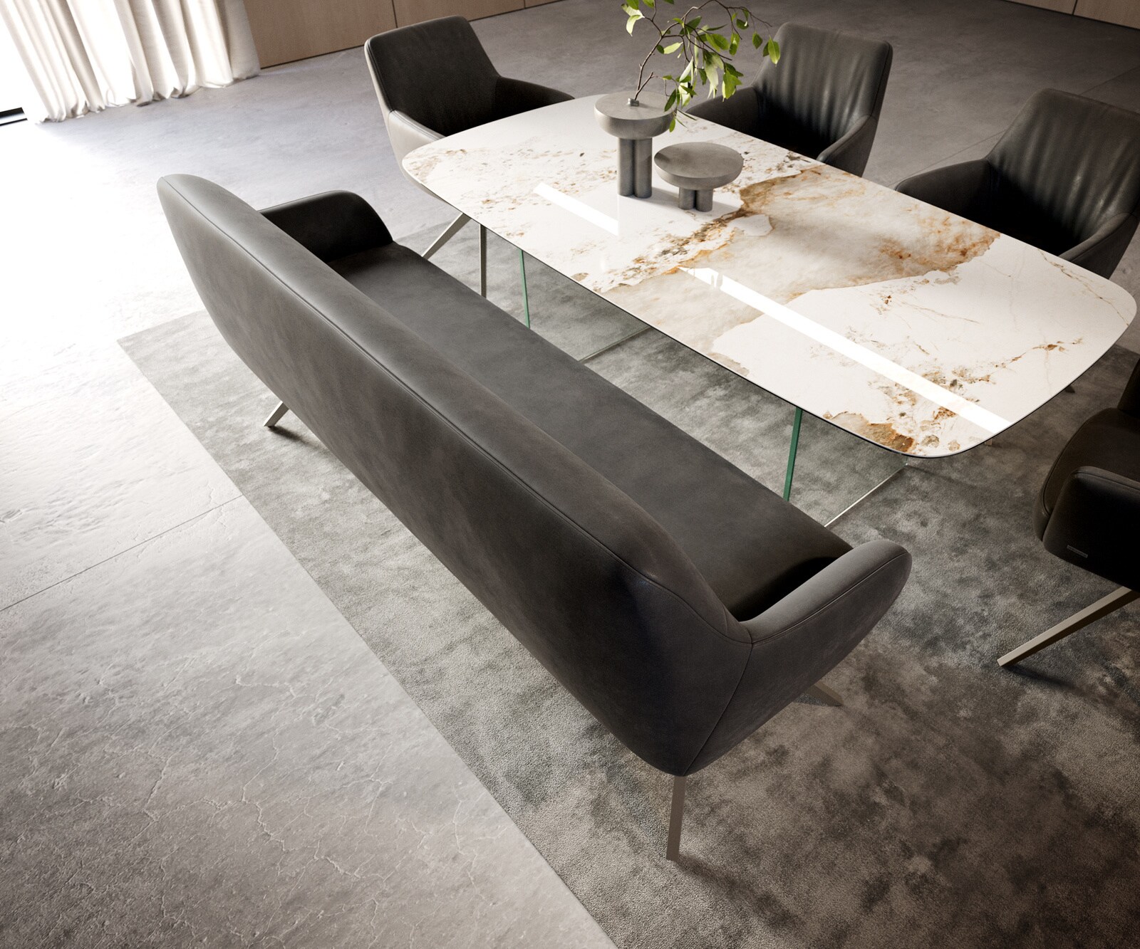 Eetkamerbank Taya-Flex 200 cm microvelours anthraciet vintage hoekig kruisframe afwerking met titaniumeffect pocketvering 3