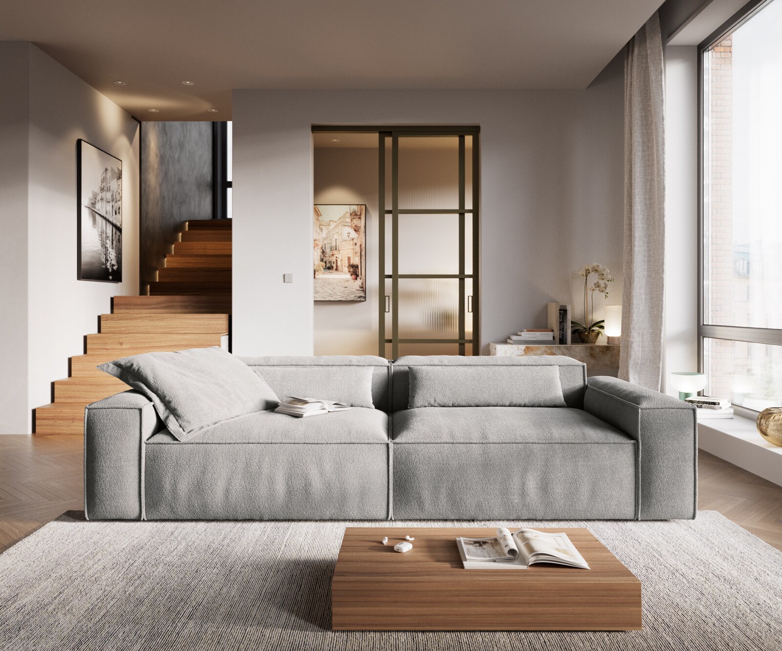 Bigsofa Freestyle 280x110 cm Zachte stof met structuur Grijs kedernaad 1