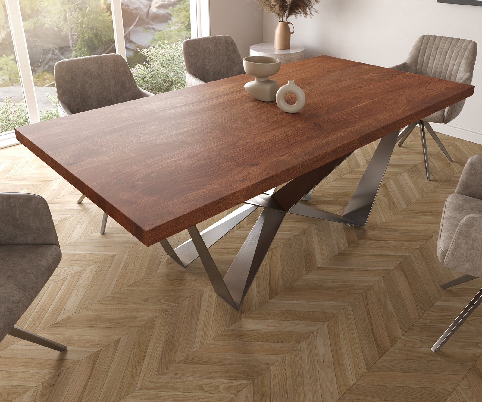 Eettafel Edge 200x100cm XL acacia bruin middenpoot vlak staal zilver 2 Eettafel Edge 200x100cm XL acacia bruin middenpoot vlak staal zilver 2