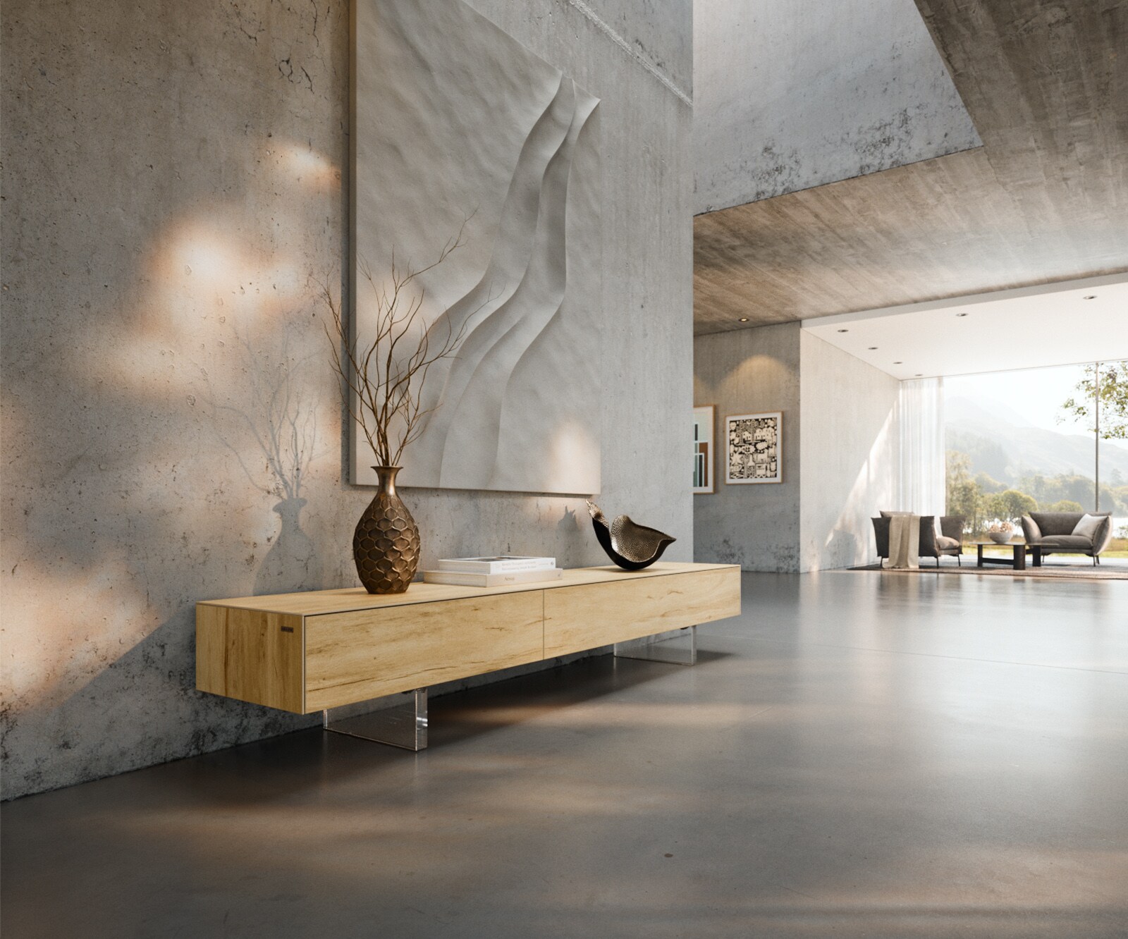 Tv-meubel Cuor 200 cm Keramiek Laminam® Sabbia Eiken gekleurd 1 Flap 1 Lade Zwevende voet look Acrylglas