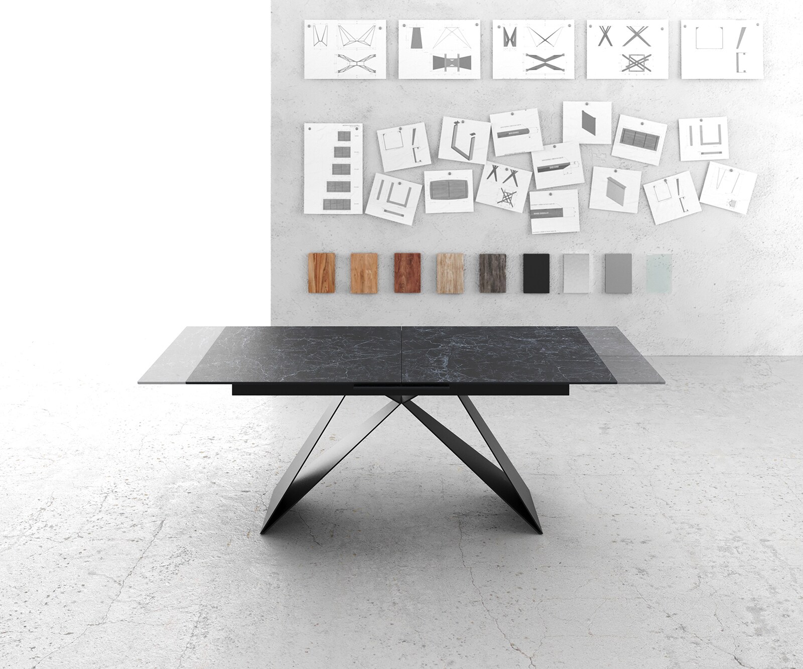 Eettafel Edge 180-220x100cm Laminam® keramiek grijs V-middenpoot zwart 5