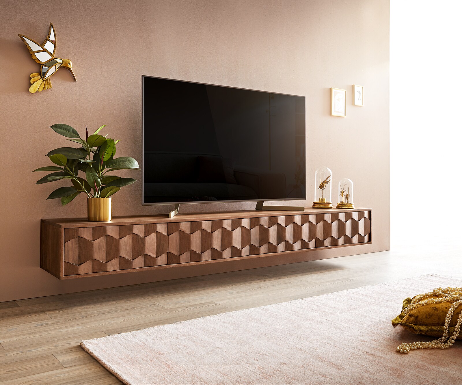 Tv-meubel Fevo 220 cm acacia natuur 4 deuren zwevend