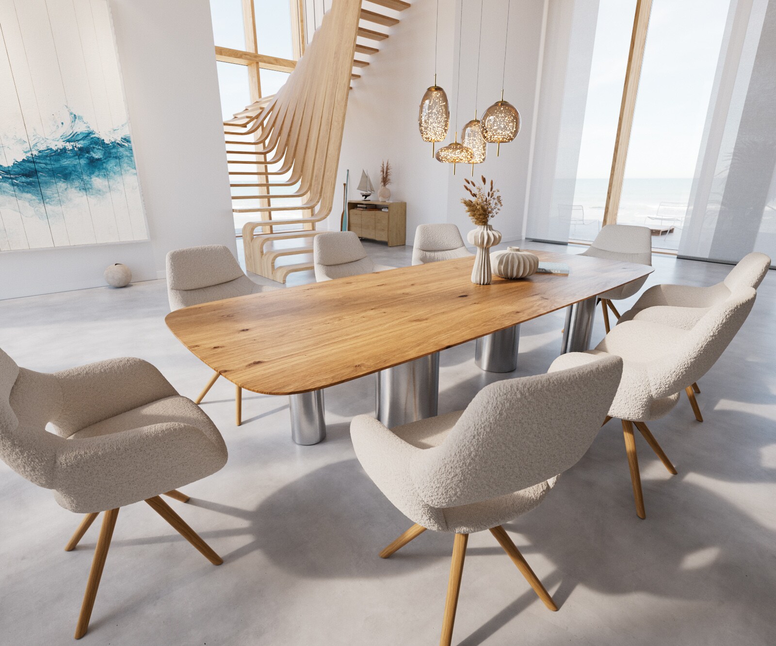 Eetkamertafel Edge Boot 300x120x2,5-3 eiken natuurPilier roestvrij staal geborsteld zwitserse rand 6