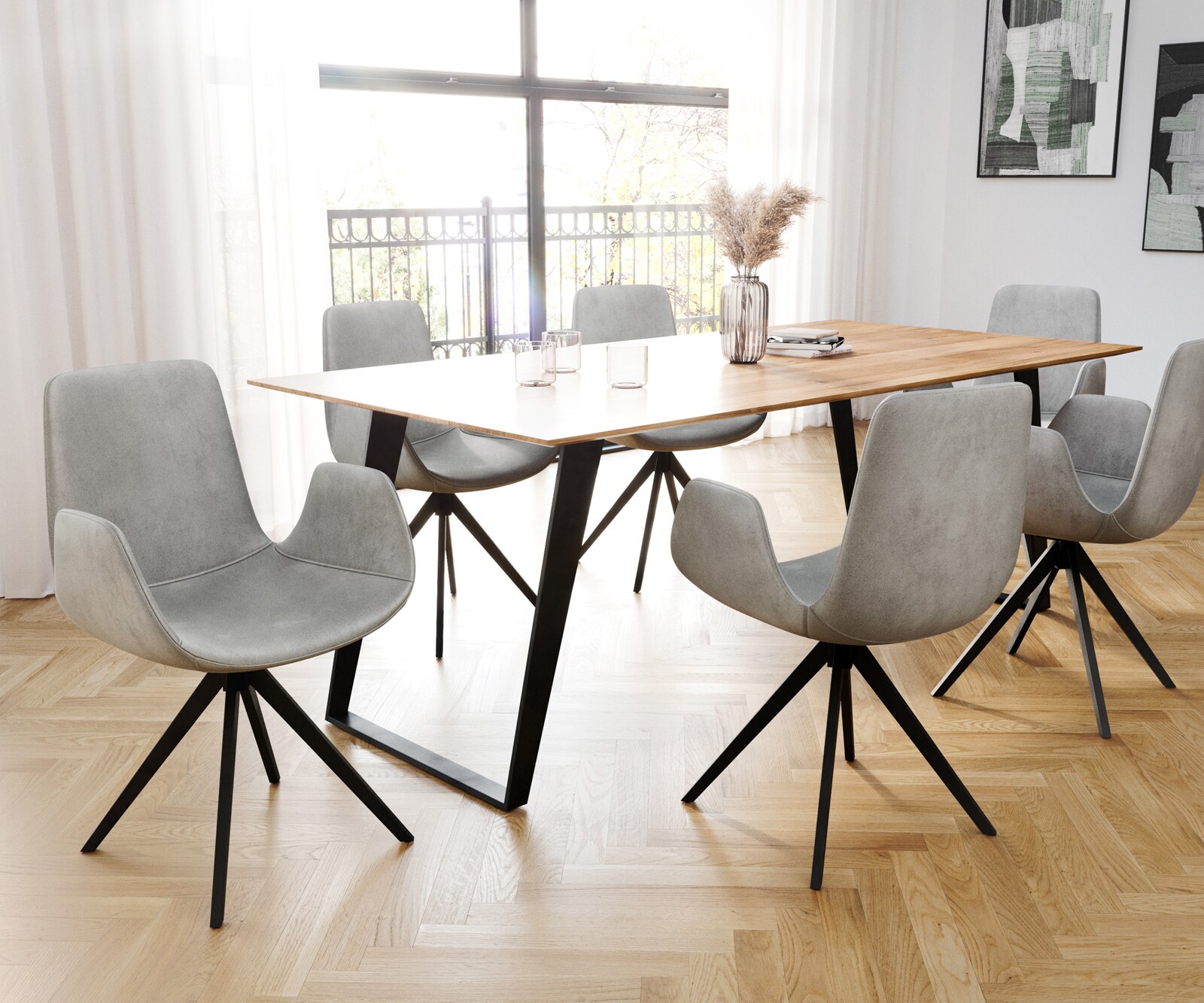 Eetkamerstoel Ilia-Flex met armleuning fluweel grijs kruisframe hoekig zwart 3 Eetkamerstoel Ilia-Flex met armleuning fluweel grijs kruisframe hoekig zwart 3