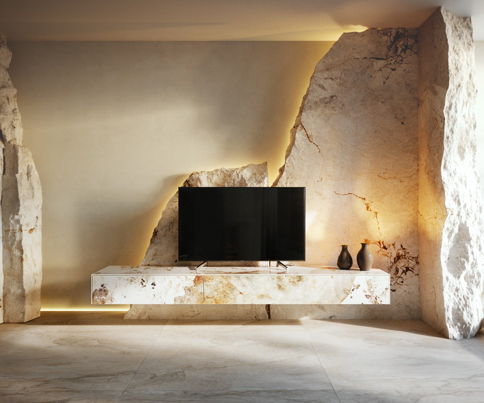 Tv-meubel Cuor 200 cm Keramiek Minas Melange Wit-beige 1 Flap 1 Lade Zwevend