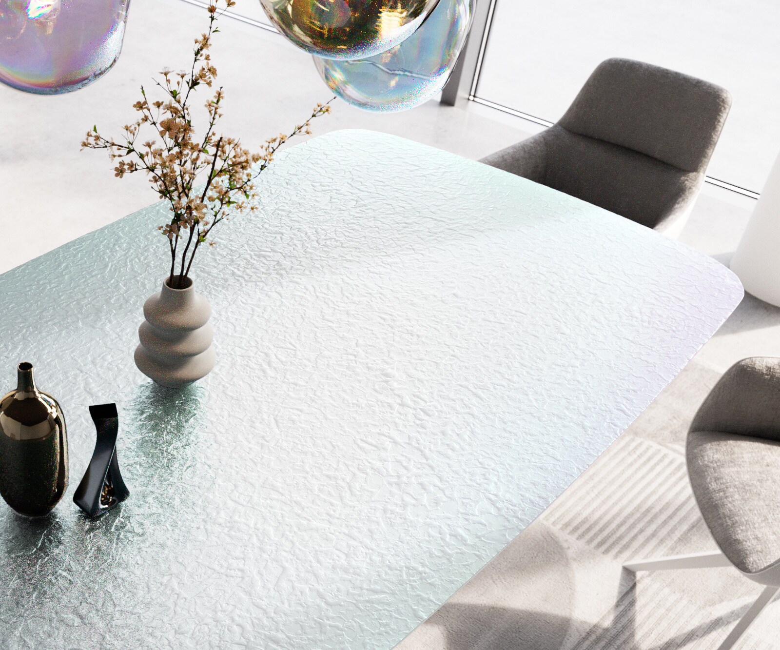 Eetkamertafel Edge Boot 240x120 cm Reliefglas Parelmoer 3D-Design Metaal Schuin Wit 3