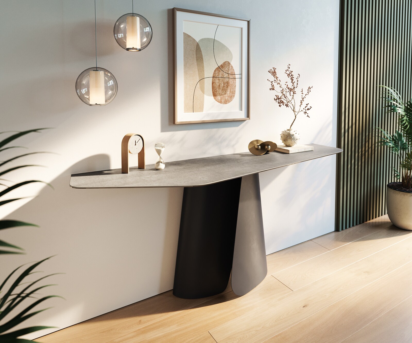 Consoletafel Edge Polygonaal 180x50 cm Keramiek Betongrijs Livos Metaal Zwart 1