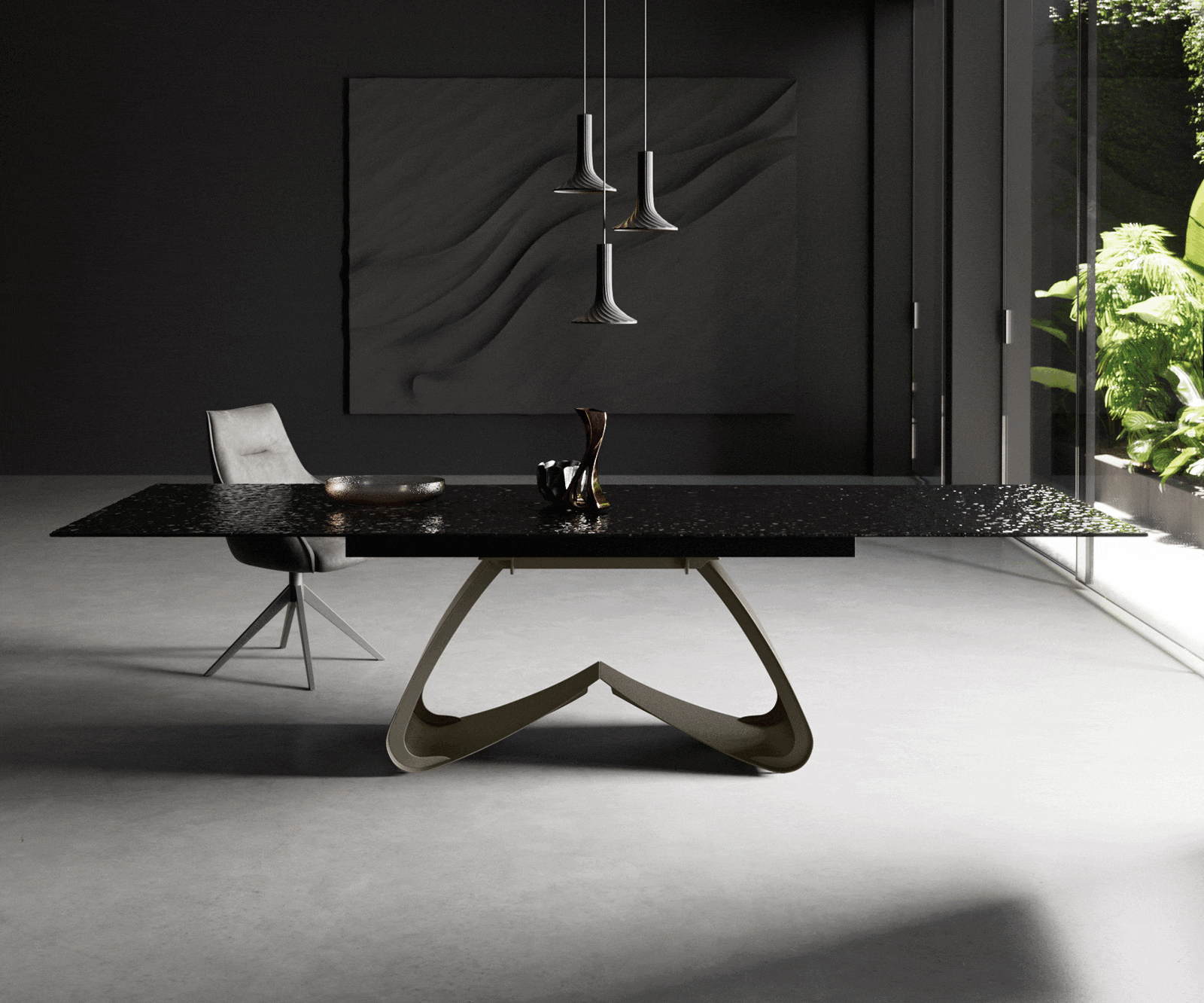 Eetkamertafel Edge 200-300x100 Glas smelten rokerig zwart 3D-Relief W-frame effectafwerking Titaan uitschuifbaar 2