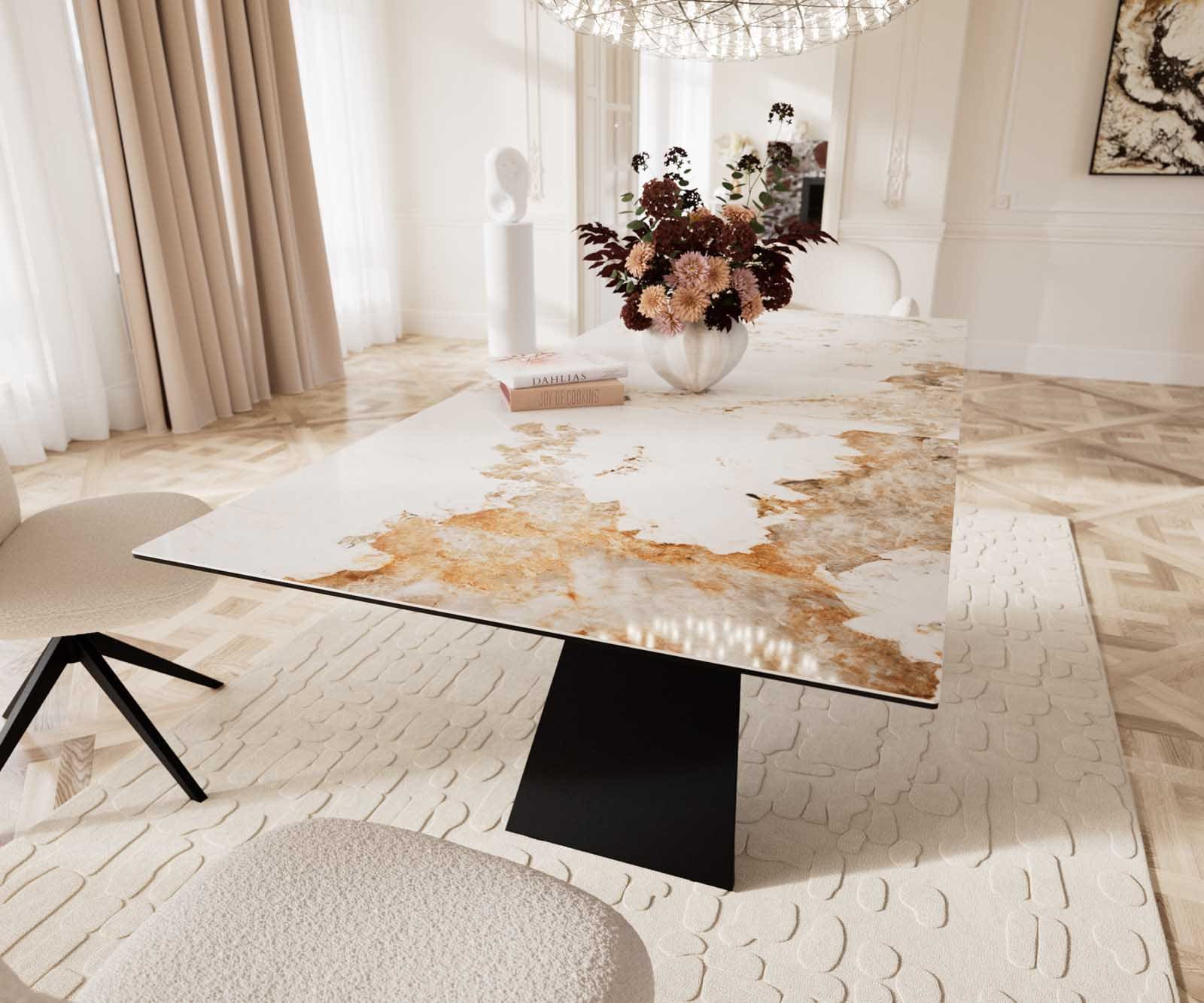 Eetkamertafel Edge 180-220x100 keramiek Minas Melange wit-beige V-frame vlak staal zwart uitschuifbaar 6 Eetkamertafel Edge 180-220x100 keramiek Minas Melange wit-beige V-frame vlak staal zwart uitschuifbaar 6