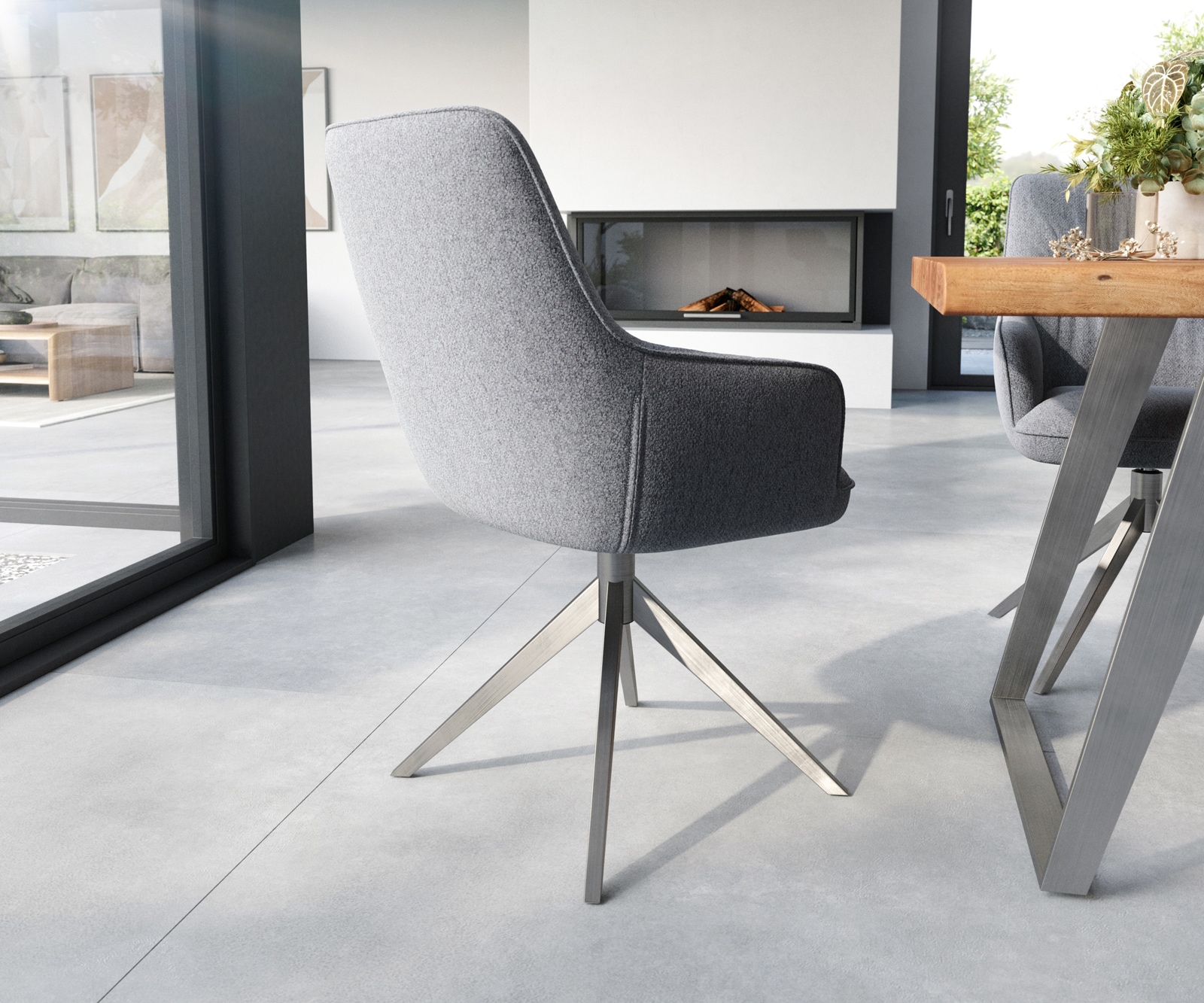 Eetkamerstoel Zelia-Flex met armleuning structuurstof lichtgrijs kruisframe breed roestvrij staal pocketveer kern 4 Eetkamerstoel Zelia-Flex met armleuning structuurstof lichtgrijs kruisframe breed roestvrij staal pocketveer kern 4