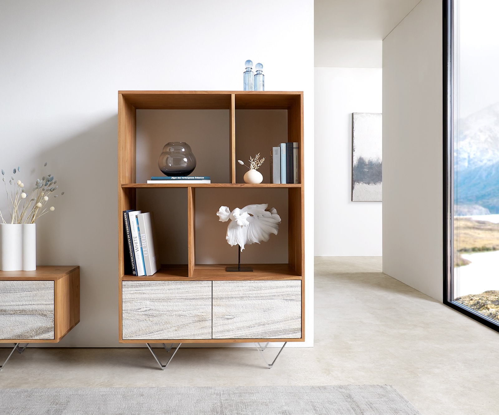 Highboard Kleo 90x130 cm natuur acacia 2 deuren V-poot rvs 1 Highboard Kleo 90x130 cm natuur acacia 2 deuren V-poot rvs 1