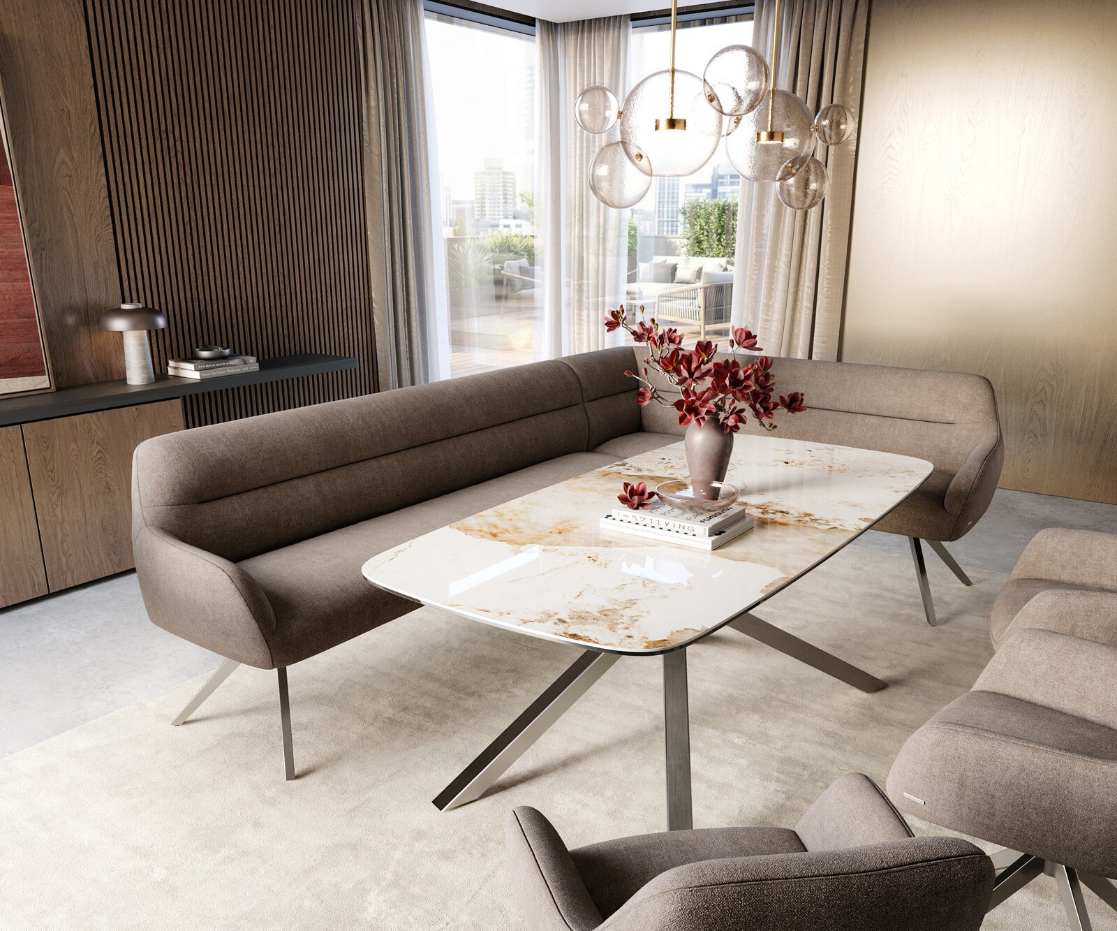 Eetkamerbank Taya-Flex 285x190 cm zachte stof met structuur taupe hoekig kruisframe roestvrij staal pocketvering links 1