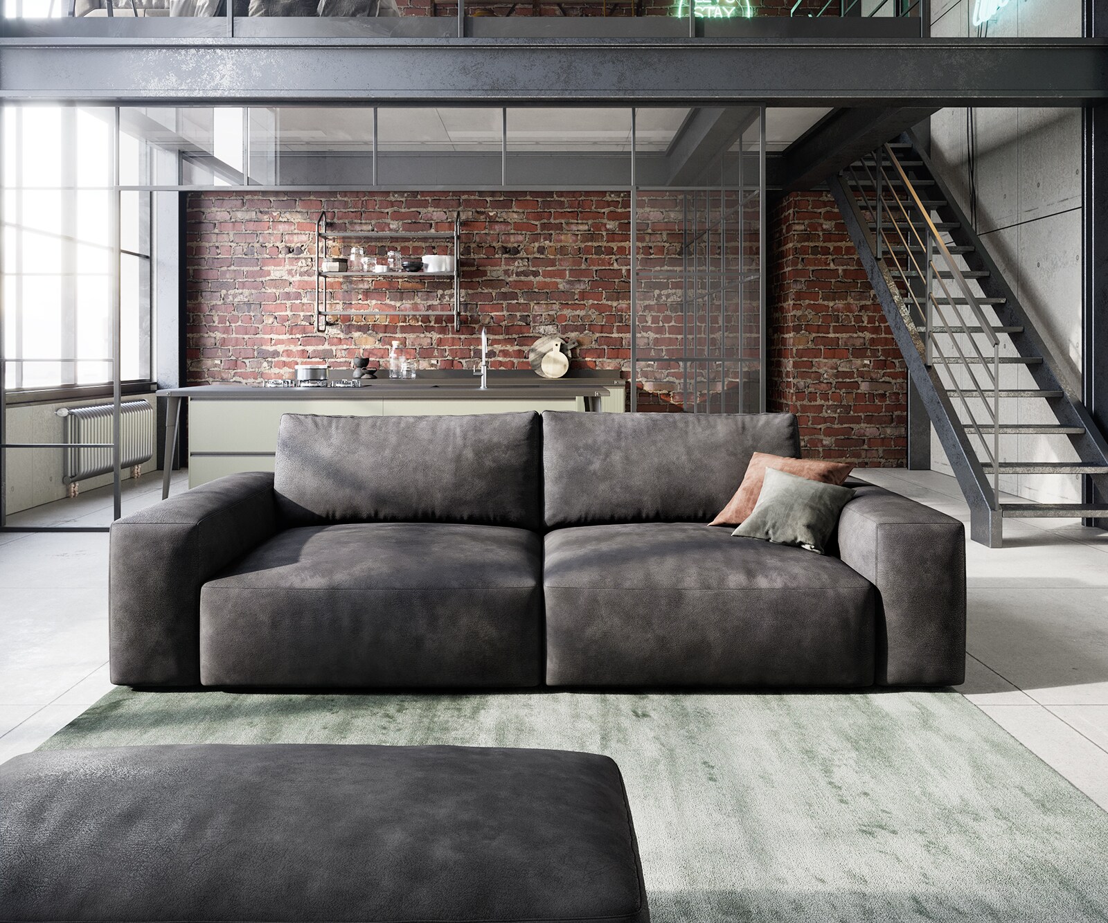 Big-sofa Lanzo 230x95 cm kunstleer vintage antraciet met hocker 1