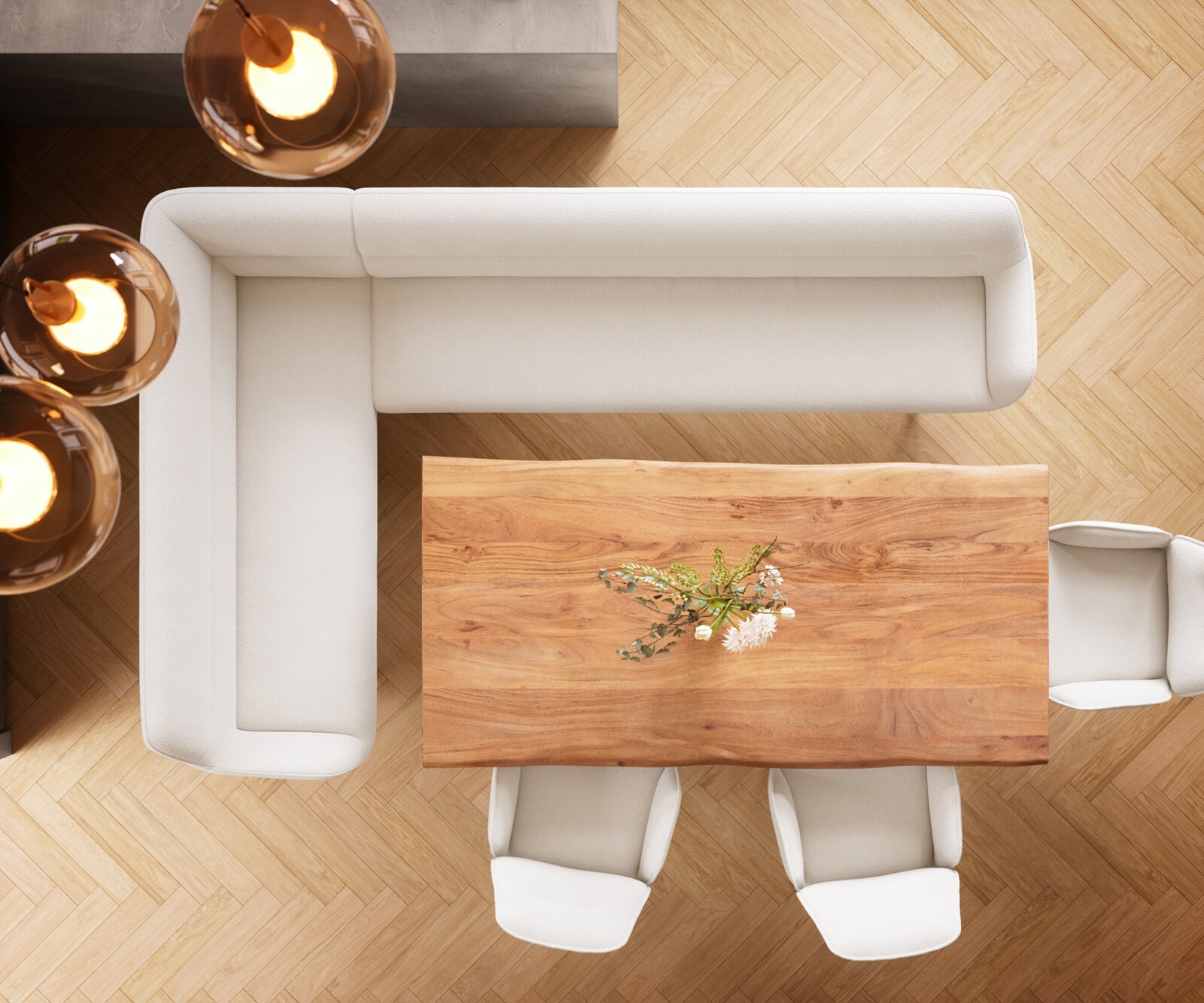 Eetkamerbank Taya-Flex 285x190 cm bouclé crème-wit hoekig kruisframe zwart pocketvering rechts 6