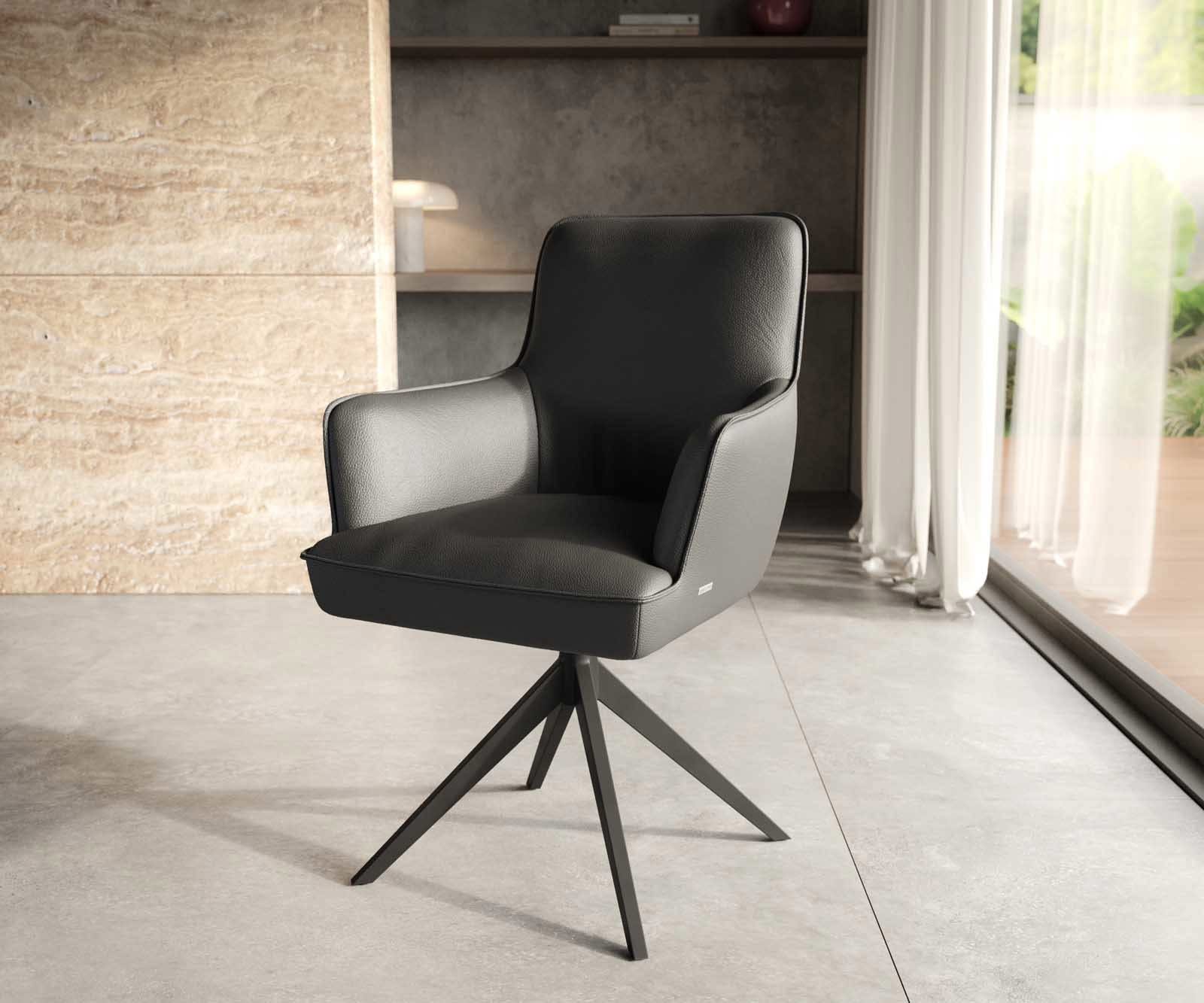 Draaistoel Heira-Flex met armleuning echt leer zwart kruisframe breed zwart 360° draaibaar pocketveer kern Draaistoel Heira-Flex met armleuning echt leer zwart kruisframe breed zwart 360° draaibaar pocketveer kern