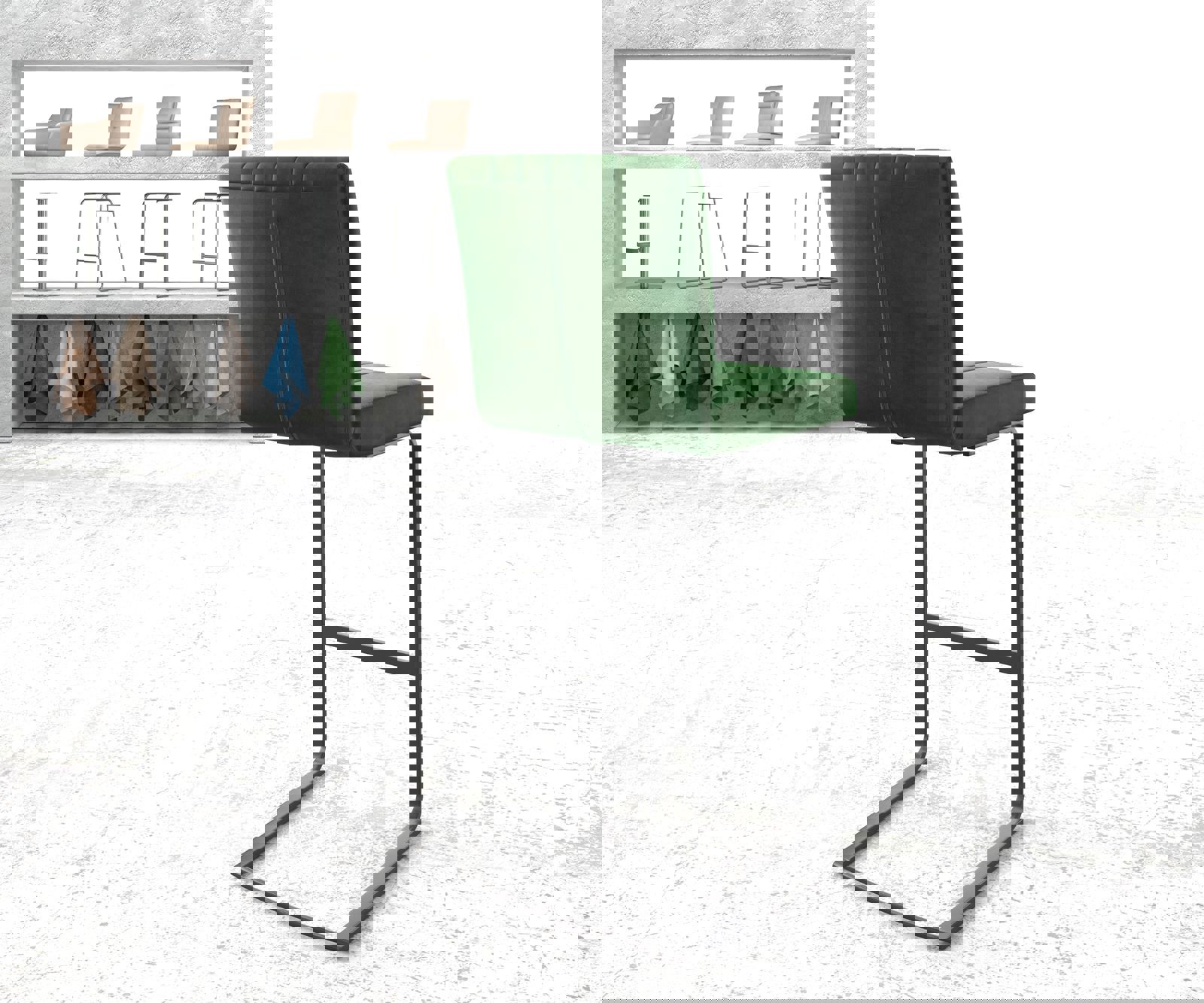 Barstoel Luiga-Flex fluweel groen sledestoel vlak metaal 2 Barstoel Luiga-Flex fluweel groen sledestoel vlak metaal 2