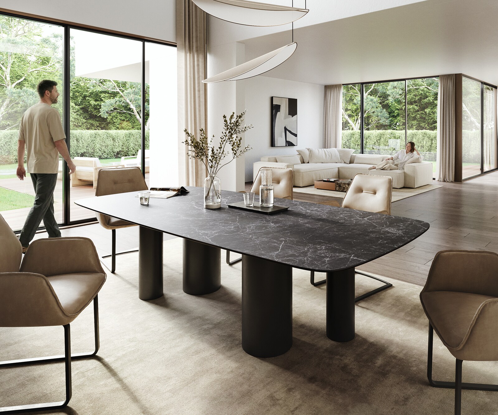 Eettafel Edge Boot 260x120 cm Keramiek Laminam® Nero Greco Anthrazit Pilier Metaal Zwart