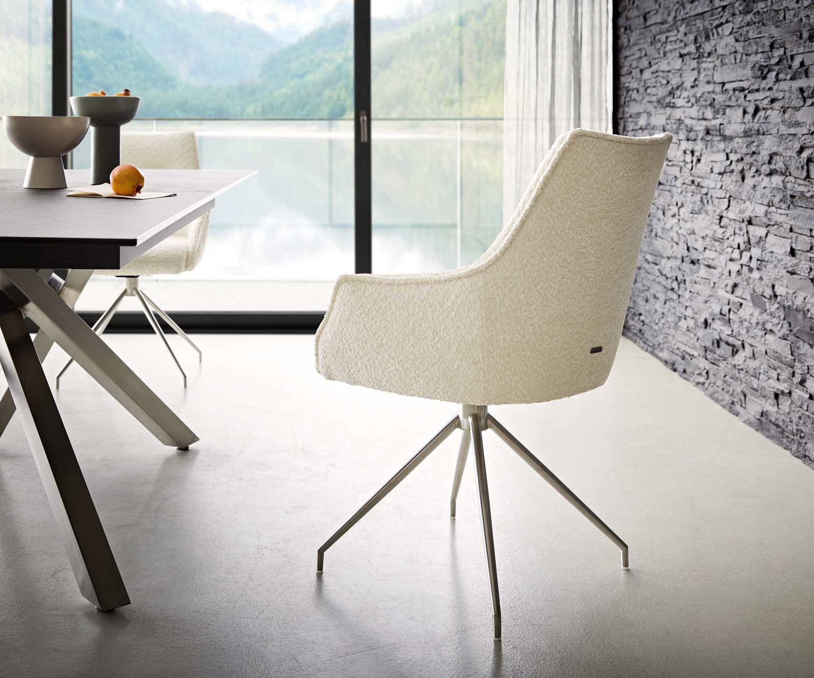 Draaistoel Alja-Flex met armleuning bouclé wit kruisframe conisch roestvrij staal 180° draaibaar pocketveer kern 4 Draaistoel Alja-Flex met armleuning bouclé wit kruisframe conisch roestvrij staal 180° draaibaar pocketveer kern 4