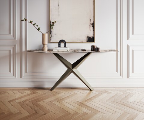 Consoletafel Edge Polygonaal 180x50 cm Keramiek Patagonia Poliert Zentharo Metaal Effektfinish Titan