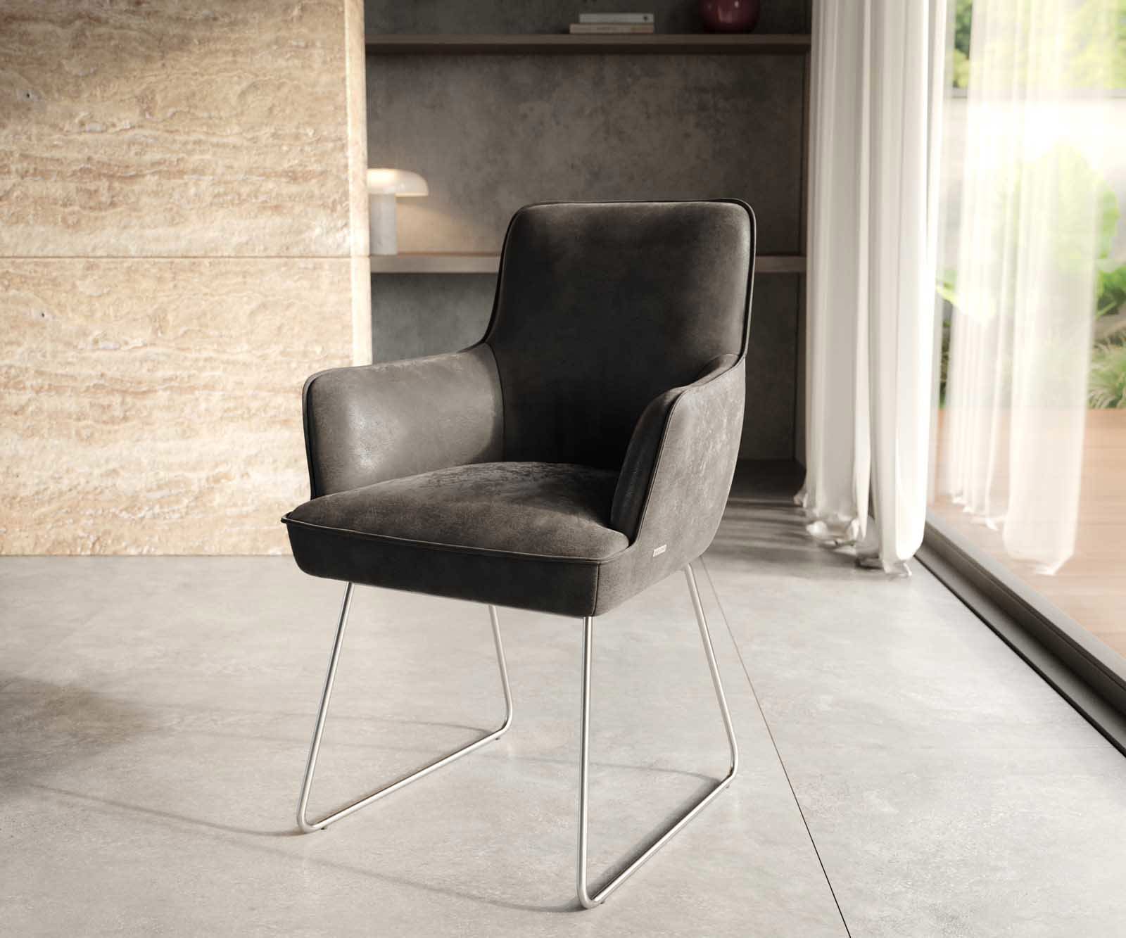 Eetkamerstoel Heira-Flex met armleuning microvelours antraciet vintage slipframe roestvrij staal pocketveer kern Eetkamerstoel Heira-Flex met armleuning microvelours antraciet vintage slipframe roestvrij staal pocketveer kern