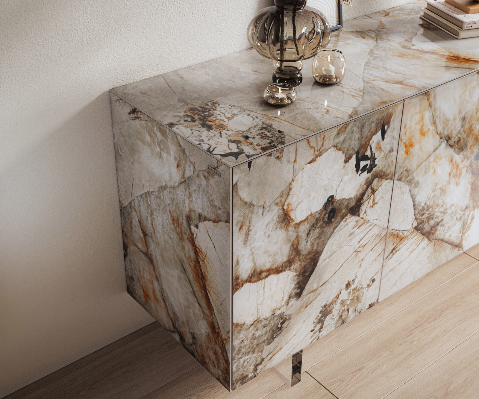 Dressoir Cuor 150 cm Keramiek Patagonia gepolijst 3 Deuren Zwevende voet look Acrylglas 6