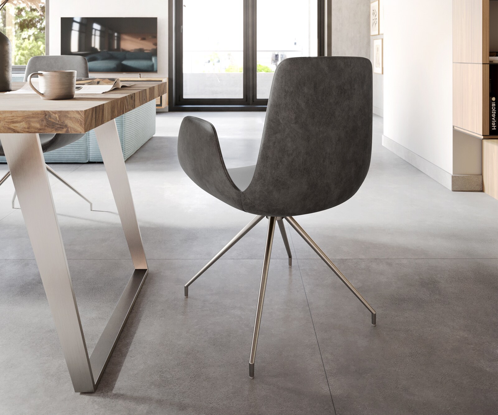 Eetkamerstoel Ilia-Flex met armleuning microvelours antraciet vintage kruisframe conisch roestvrij staal 4