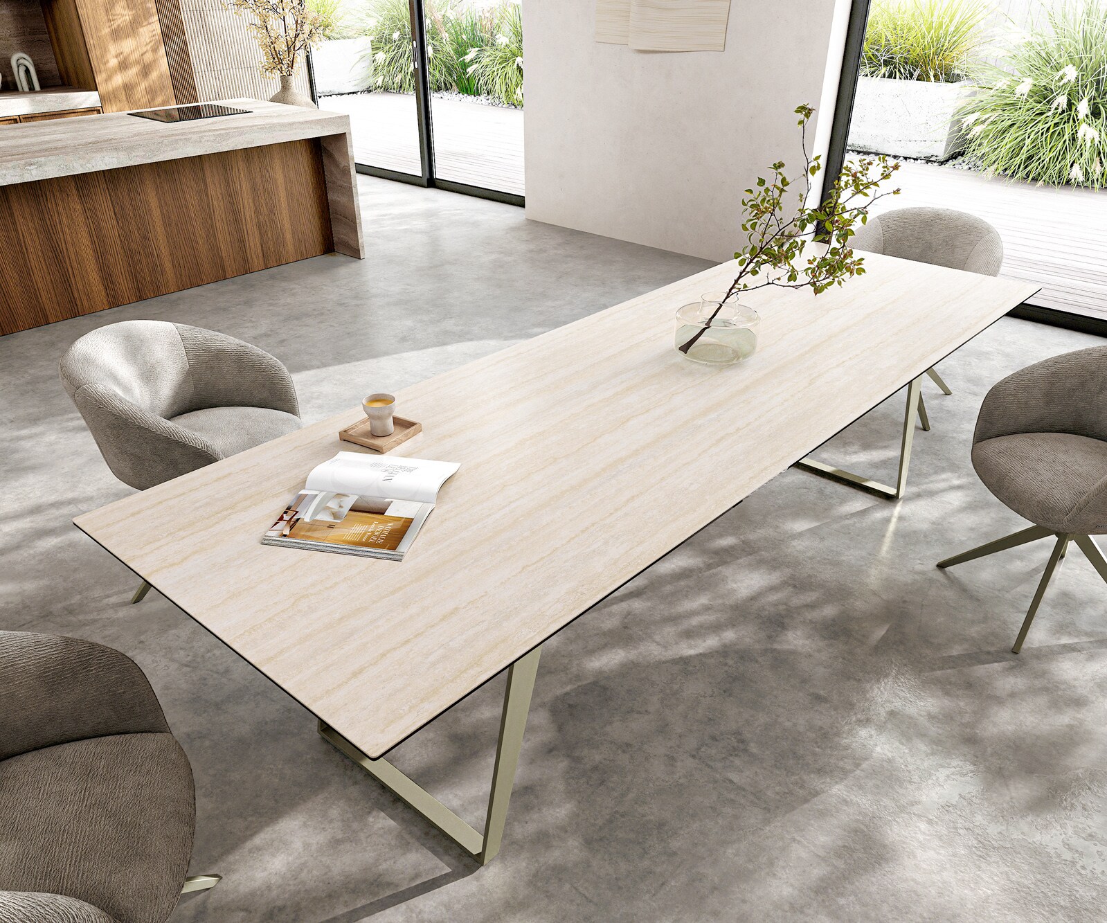 Eetkamertafel Edge 300x100 cm Keramiek Laminam®Travertino Bianco Creme-Wit Metaal Schuin Effectafwerking Titan 3