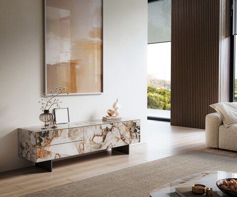 Tv-meubel Cuor 180 cm Keramiek Patagonia gepolijst 1 Flap 2 Laden Zwevende voet look Metaal Zwart