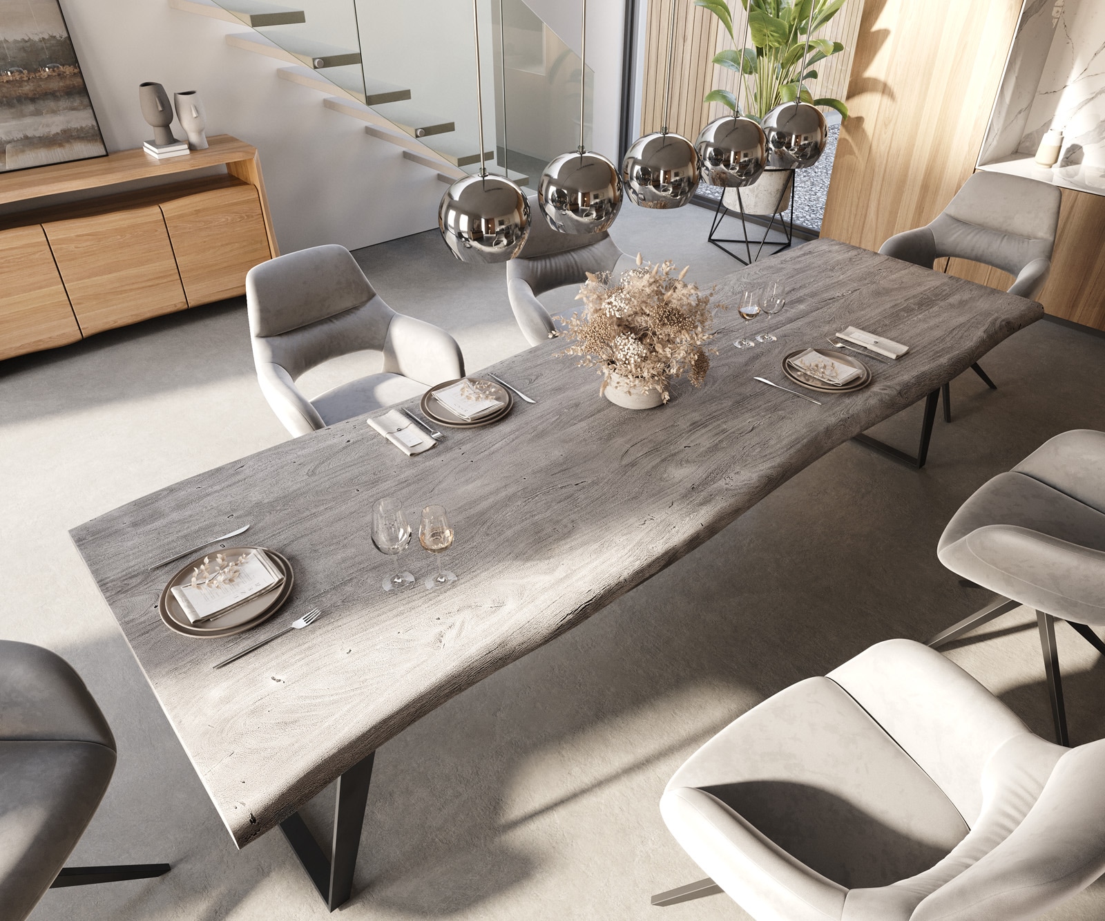Eettafel Edge 300x100 XL acacia platina metaal schuin Live-Edge 3 Eettafel Edge 300x100 XL acacia platina metaal schuin Live-Edge 3