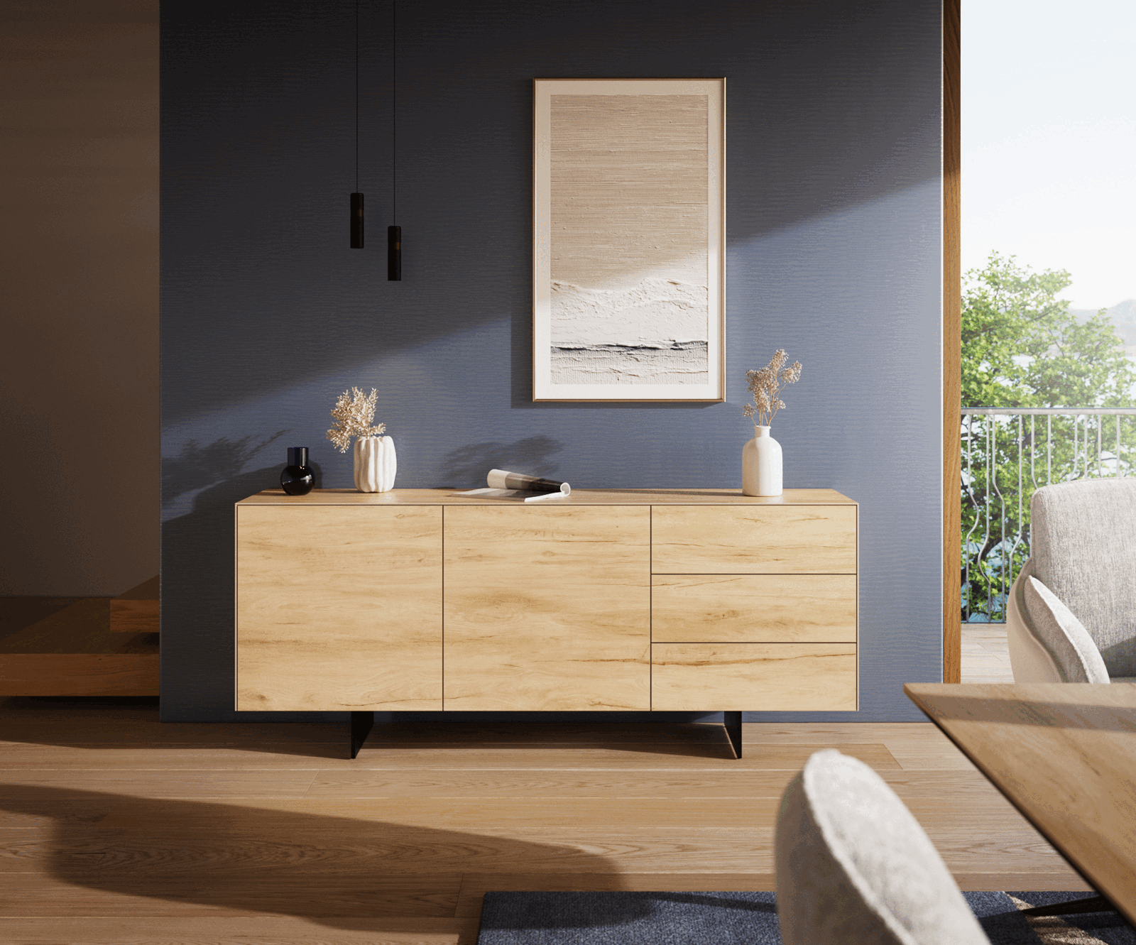 Dressoir Cuor 180 cm Keramiek Laminam® Sabbia Eiken gekleurd 2 Deuren 3 Laden Zwevende voet look Metaal Zwart 1