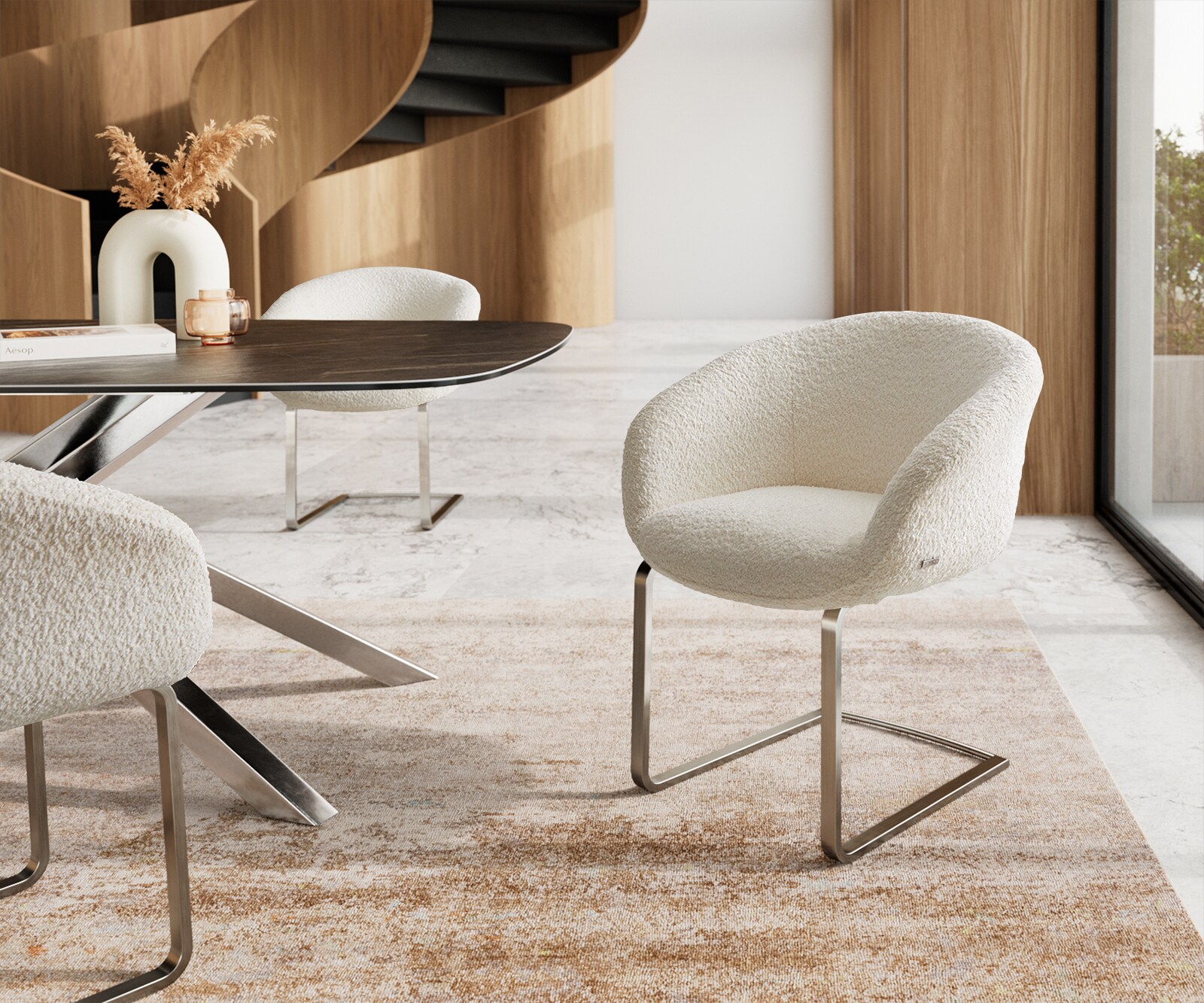 Sledemodel Vinka-Flex met armleuning bouclé wit sledemodel vlak roestvrij staal pocketveer kern Sledemodel Vinka-Flex met armleuning bouclé wit sledemodel vlak roestvrij staal pocketveer kern