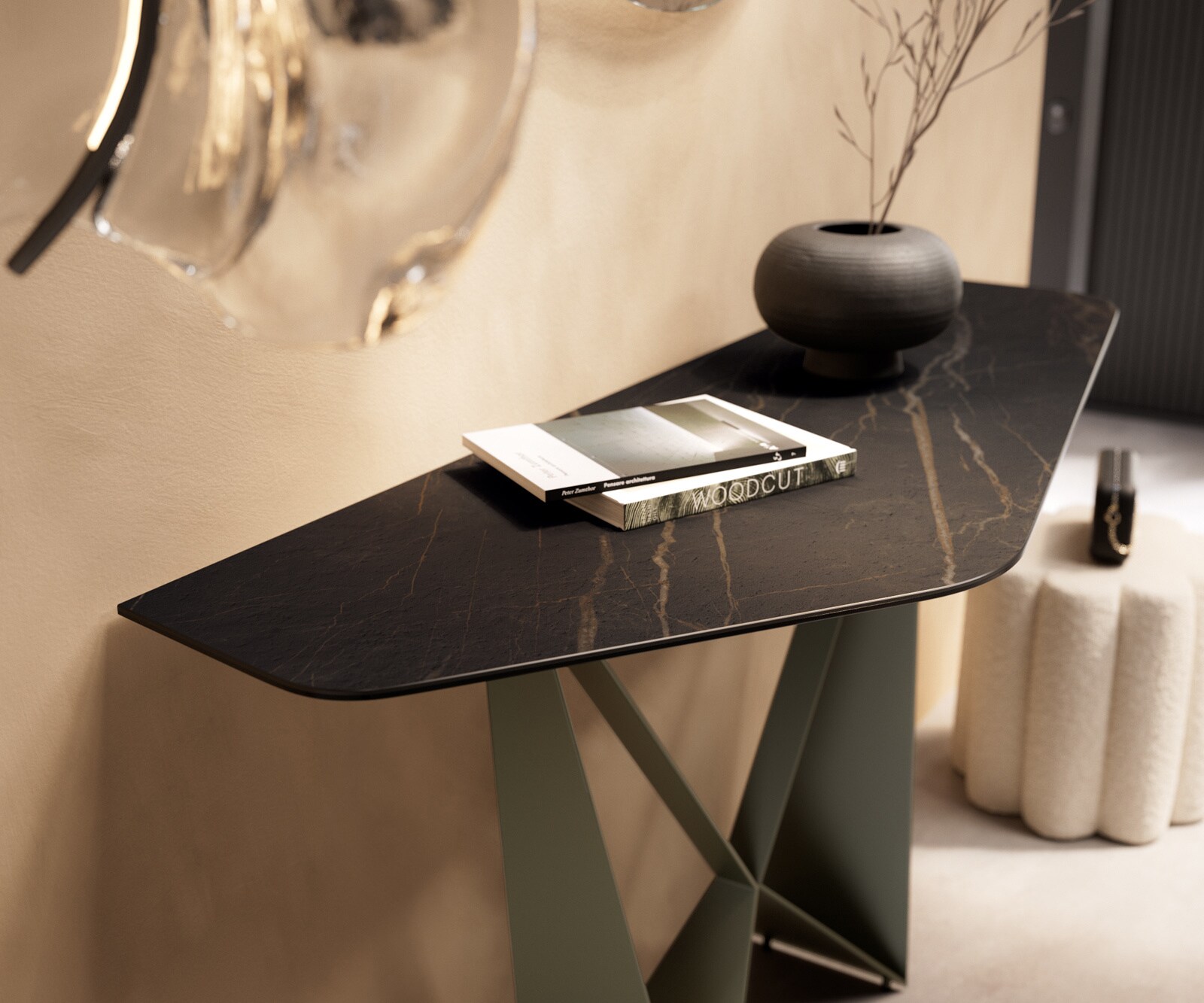 Consoletafel Edge Polygonaal 140x50 cm Keramiek Laminam® Noir Desir Braun Spios Metaal Effektfinish Titan 6