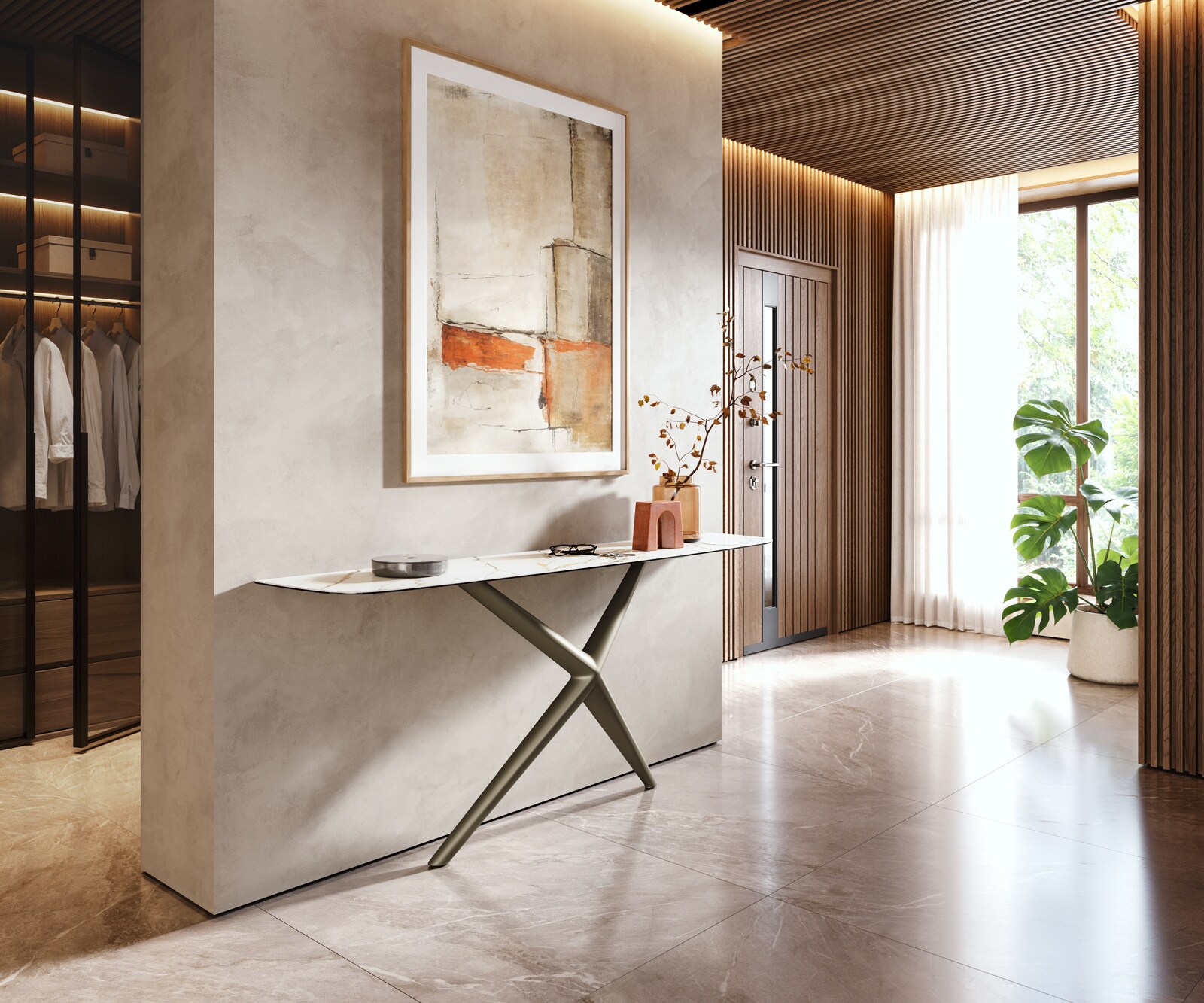 Consoletafel Edge Bootvorm 180x40 cm Keramiek Calacatta Luxe Weiß-Gold-Grijs Estelo Metaal Effektfinish Titan 6