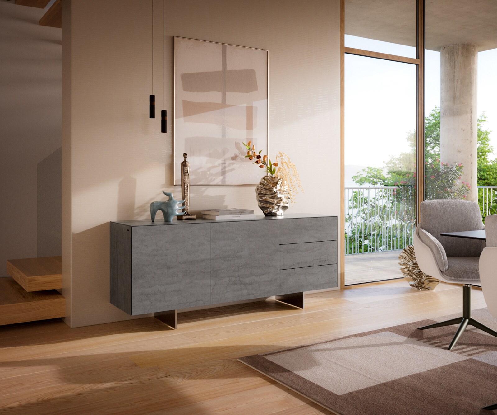Dressoir Cuor 180 cm Keramiek Beton Grijs 2 Deuren 3 Laden Zwevende voet look Roestvrij staal 1