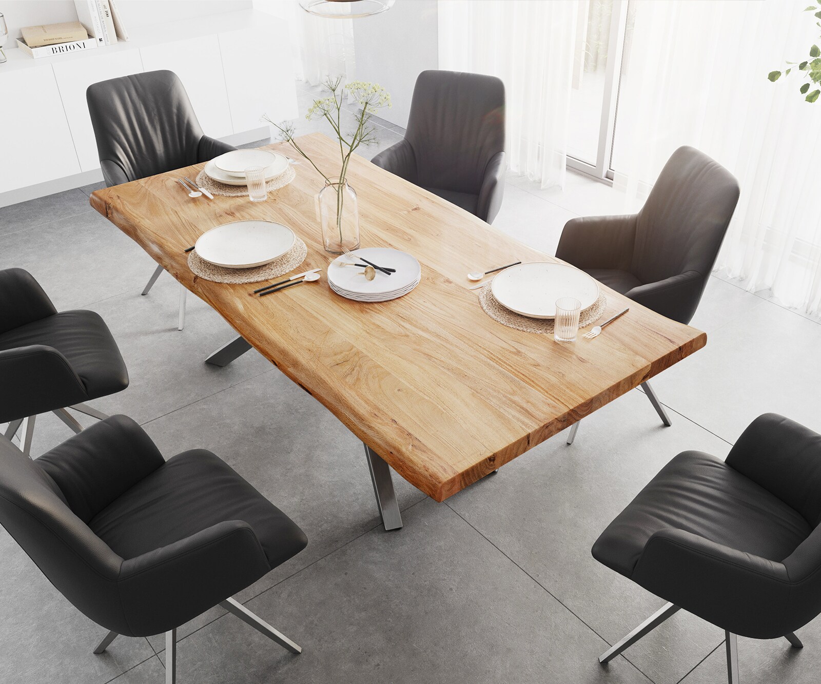Eettafel Edge 200x100 XL acacia natuur Kreuzframe rechthoek edelstaal Live-Edge 3