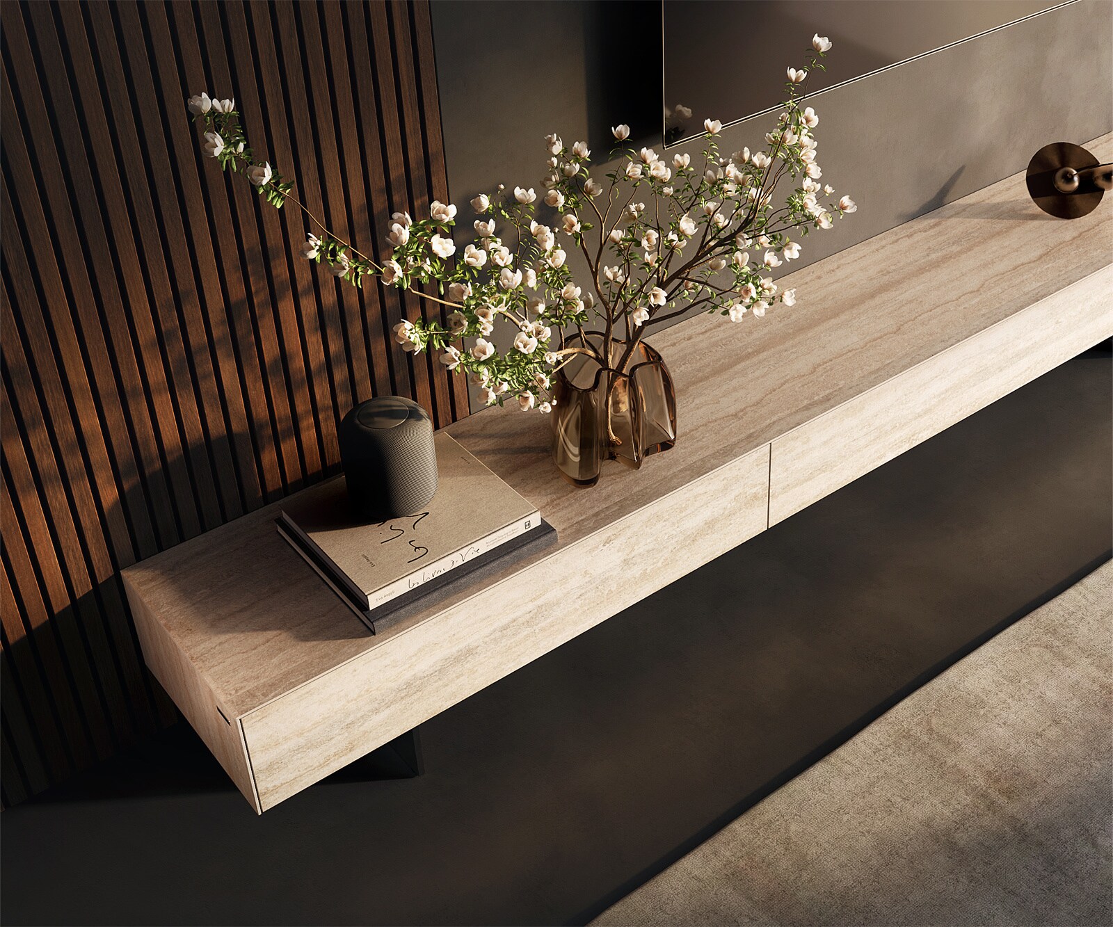 Tv-meubel Cuor 250 cm Keramiek Laminam® Travertino Bianco Crème-wit 1 Flap 1 Lade Zwevende voet look Metaal Zwart 4