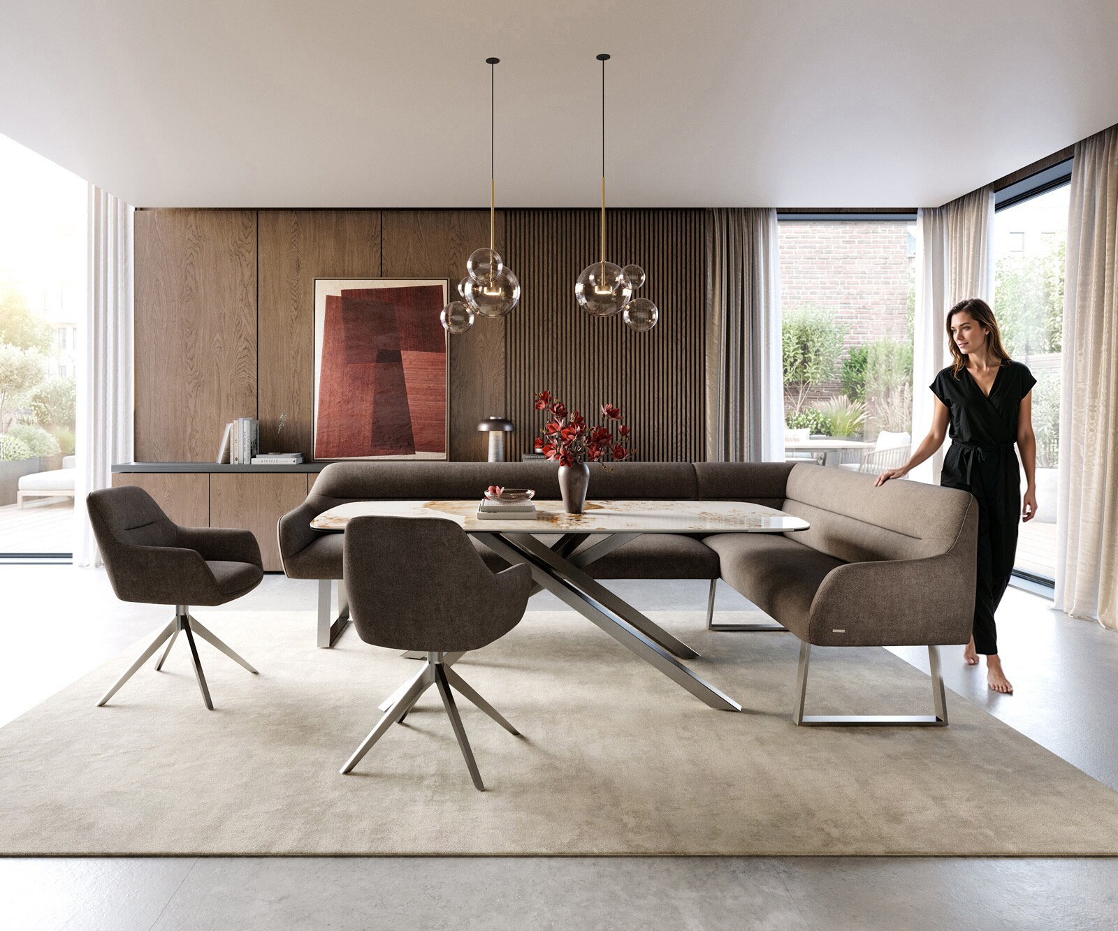 Eetkamerbank Taya-Flex 285x190 cm zachte stof met structuur taupe gekant sledeframe roestvrij staal pocketvering links 2