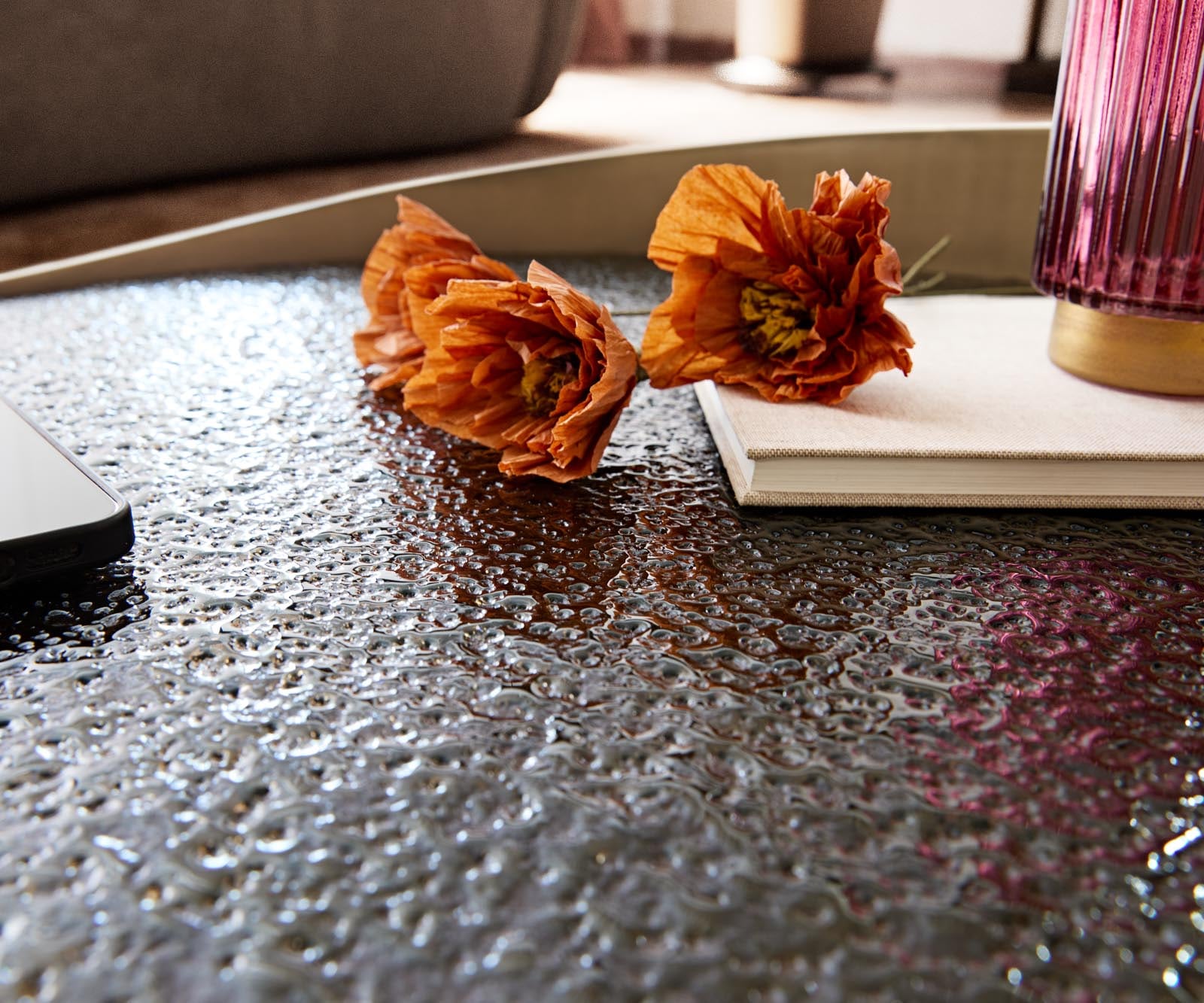 Salontafel Blaise 100x100 cm Goud met reliëfglas taupe 4 Salontafel Blaise 100x100 cm Goud met reliëfglas taupe 4