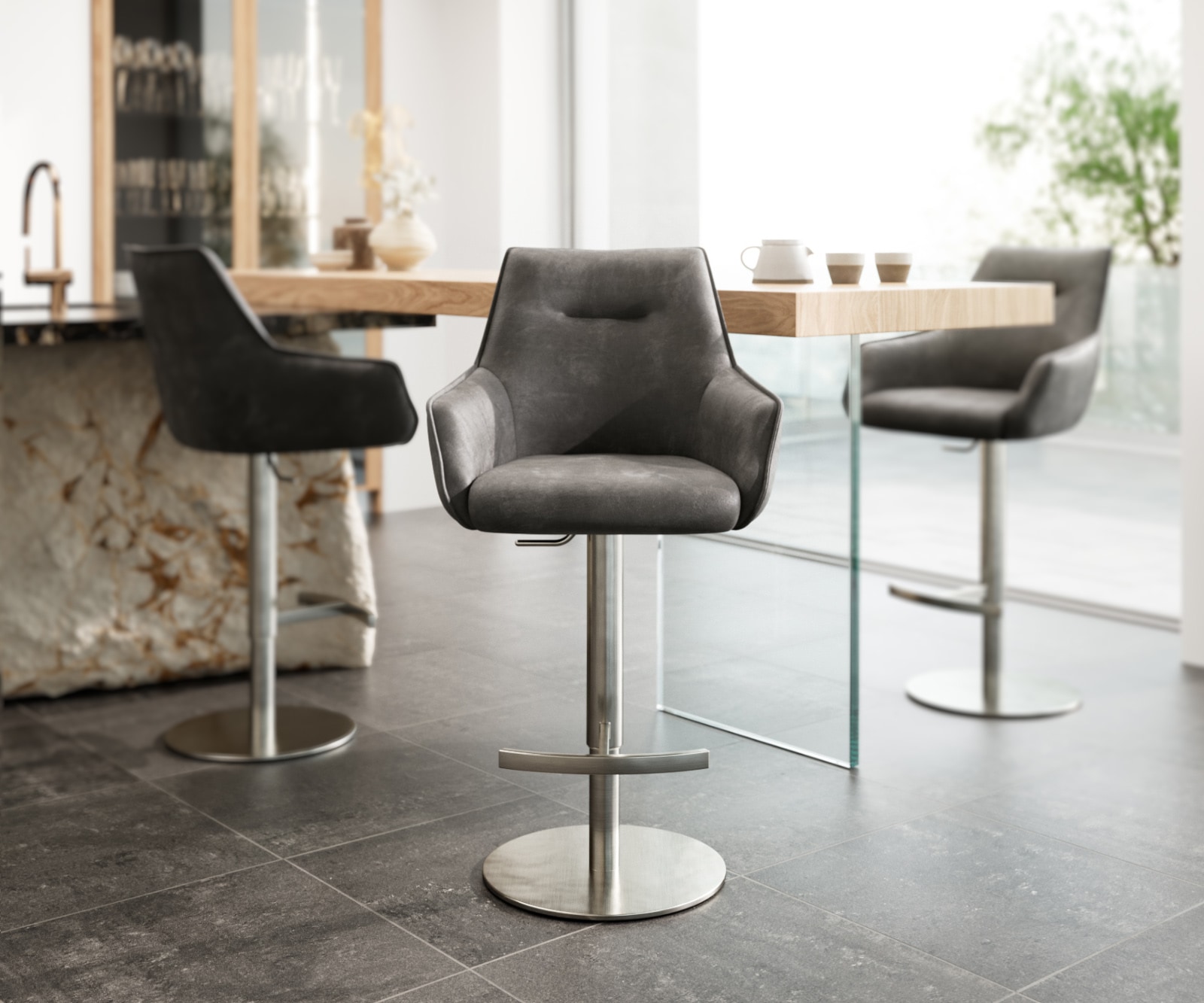 Barstoel Alja-Flex microvezel antraciet vintage draaivoet in hoogte verstelbaar RVS draaibaar pocketvering 3 Barstoel Alja-Flex microvezel antraciet vintage draaivoet in hoogte verstelbaar RVS draaibaar pocketvering 3