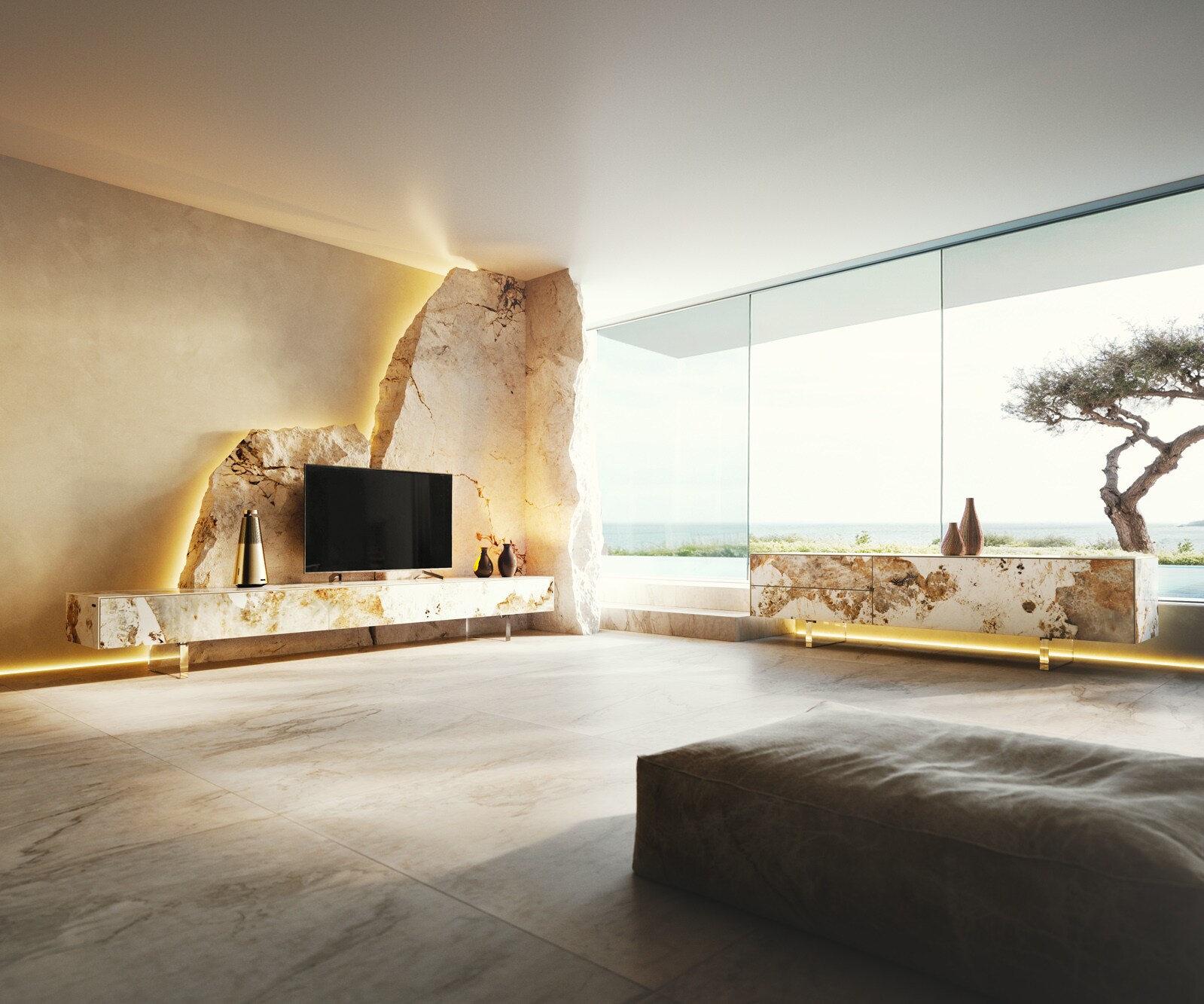Tv-meubel Cuor 150 cm Keramiek Minas Melange Wit-beige 1 Flap 1 Lade Zwevende voet look Roestvrij staal 8